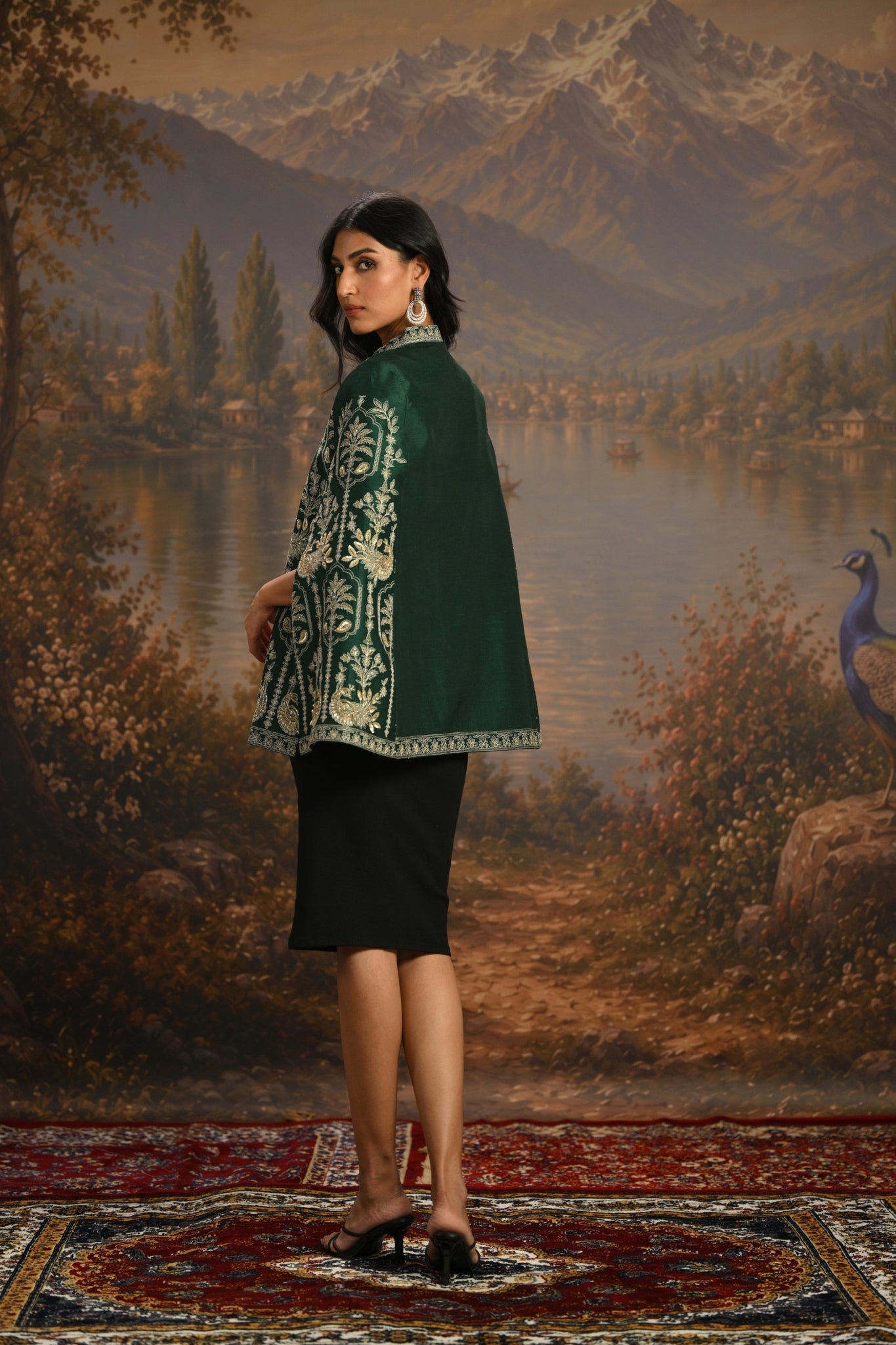 Green Embroidered Peacock Trellis Cape Taroob