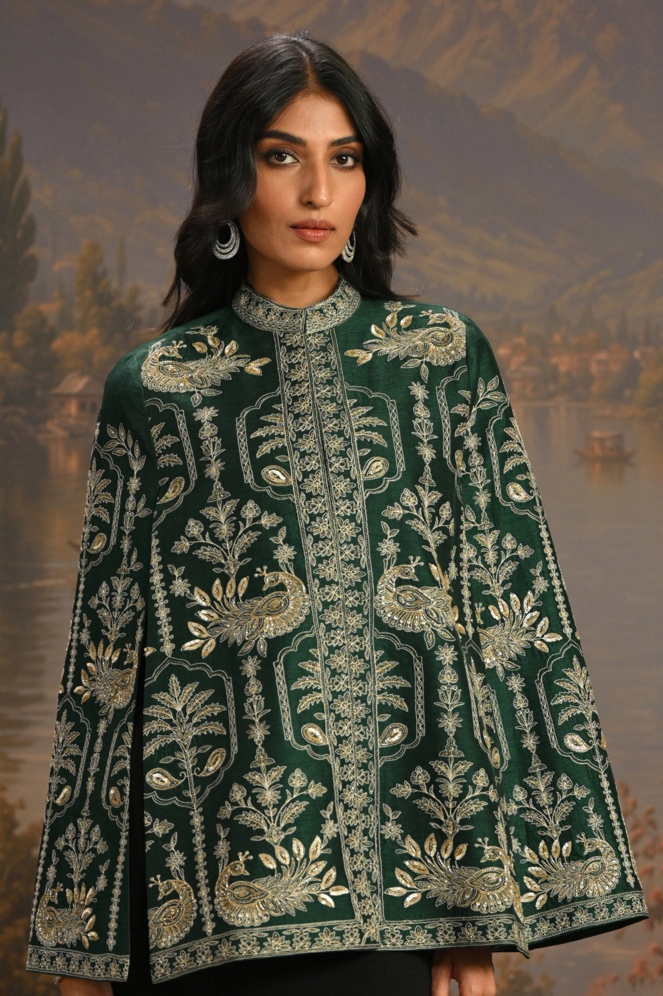 Green Embroidered Peacock Trellis Cape Taroob