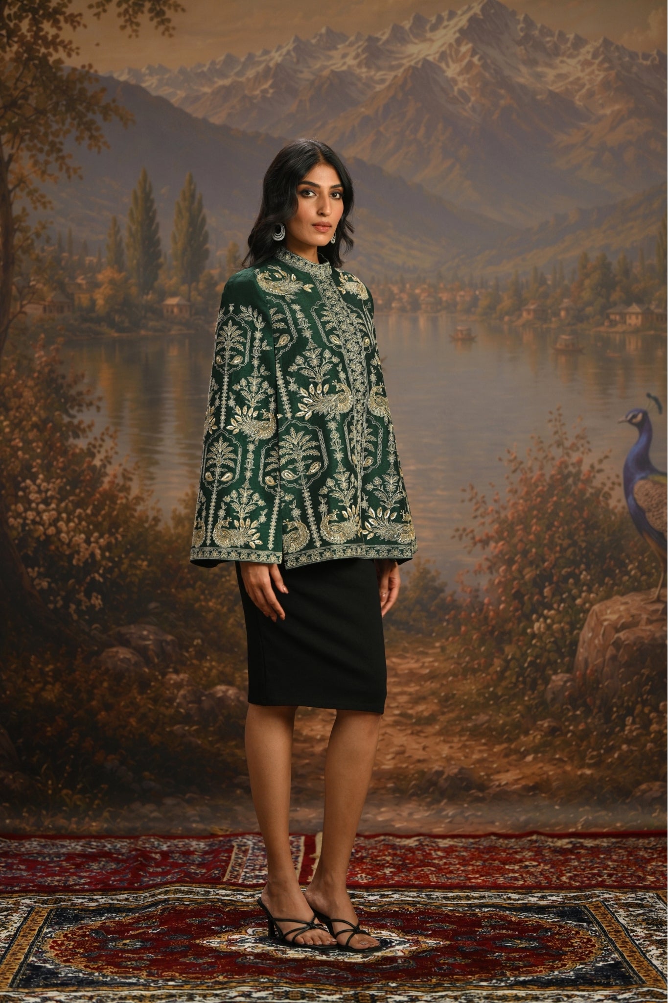 Green Embroidered Peacock Trellis Cape Taroob