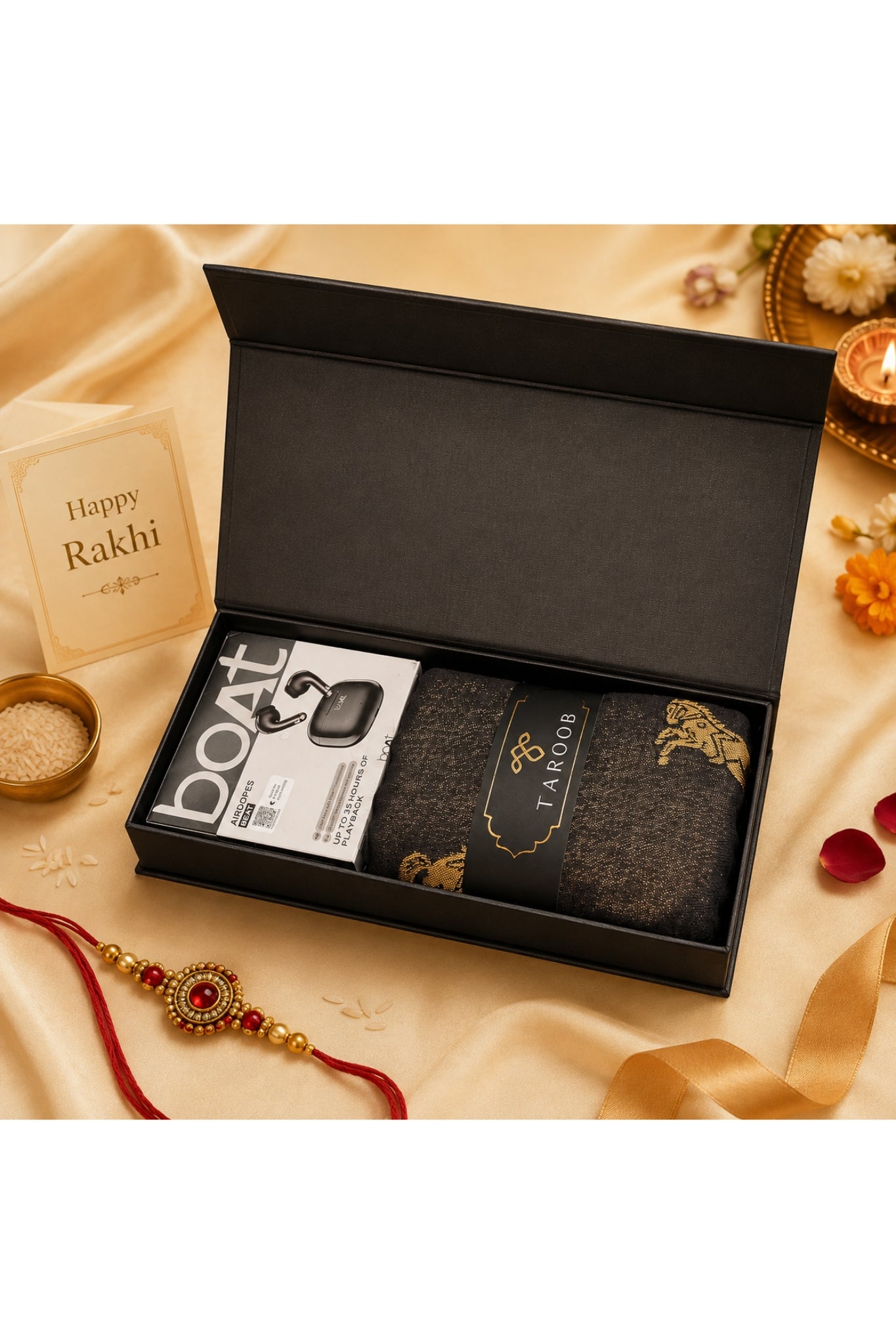 LIMITED EDITION Gift Set of Premium Taroob Wool Resham Stole & BOAT Airdopes
