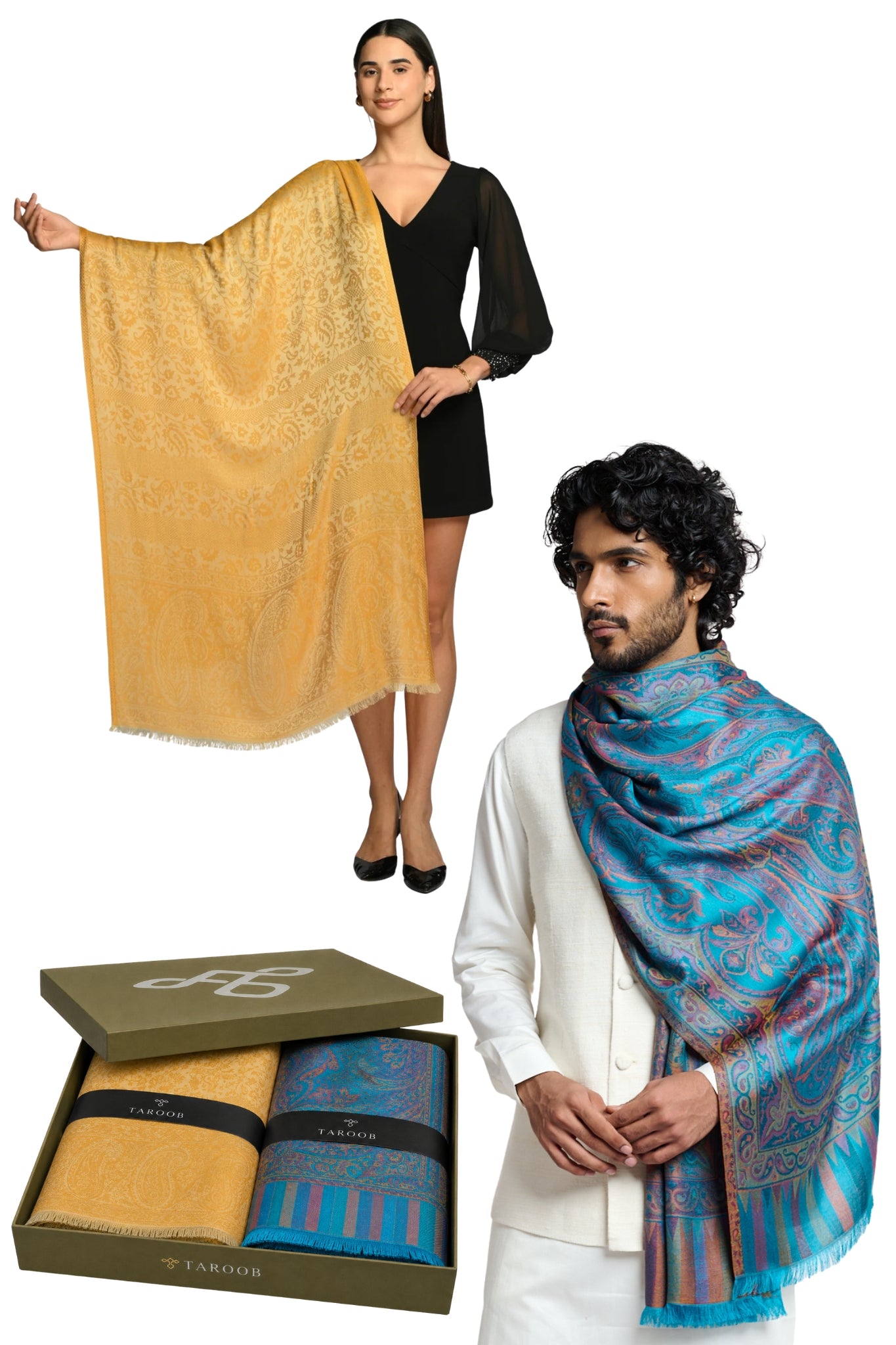 Taroob Couple Gift Set of Regal Kasmiri Jamawar Stoles for Him & Her
