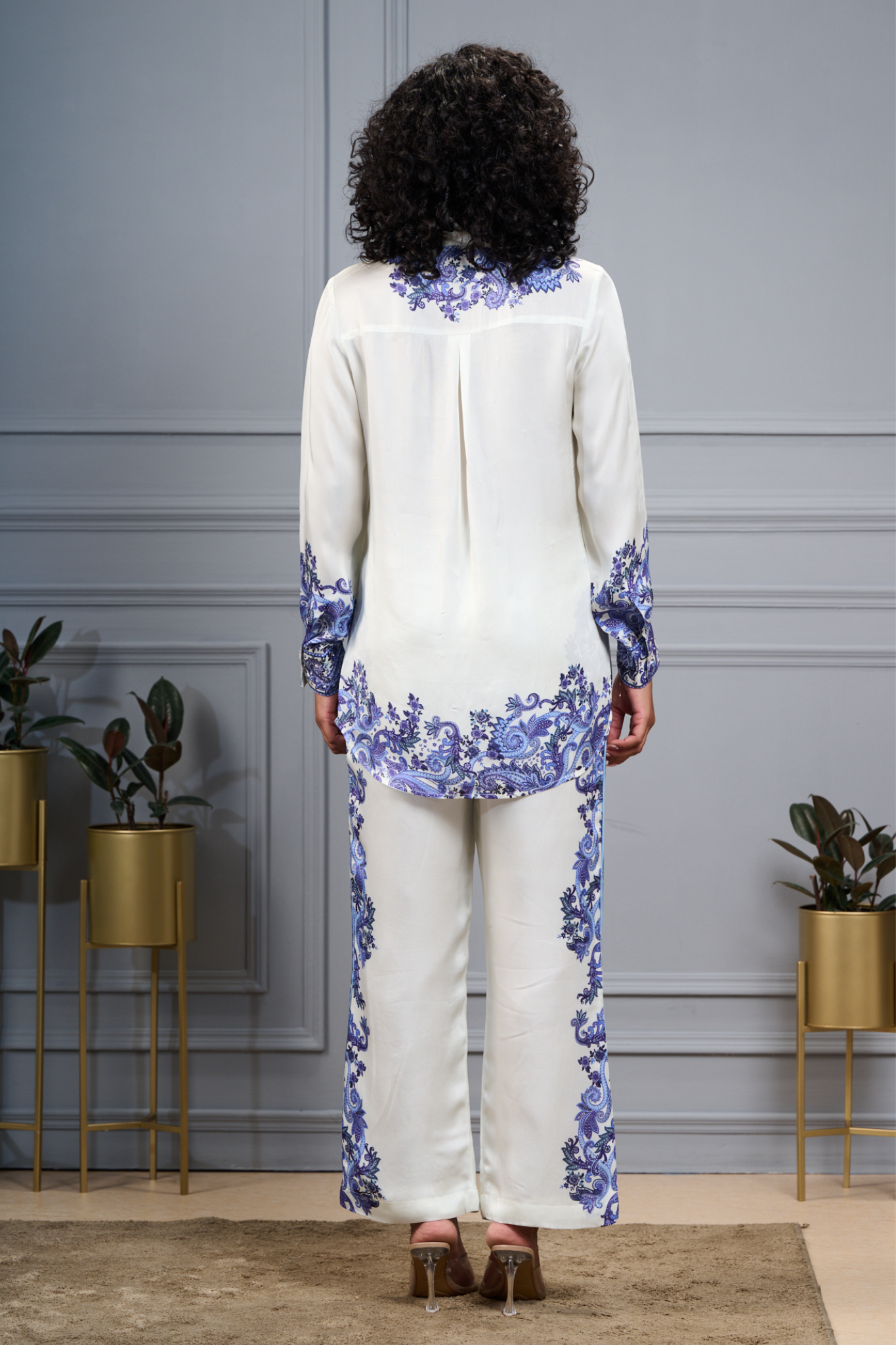 Silk Satin Floral Co-ord Set with Embroidered Highlights – Women's Coords & Shirts – Detail view | Taroob