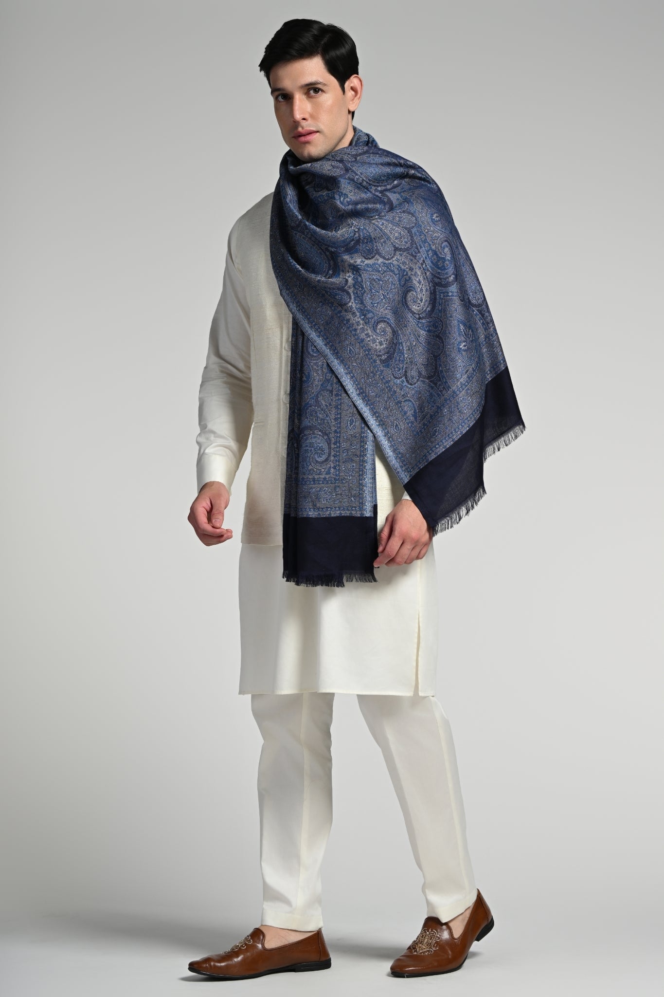 Taroob Tonal Denim Silk Jamawar Stole