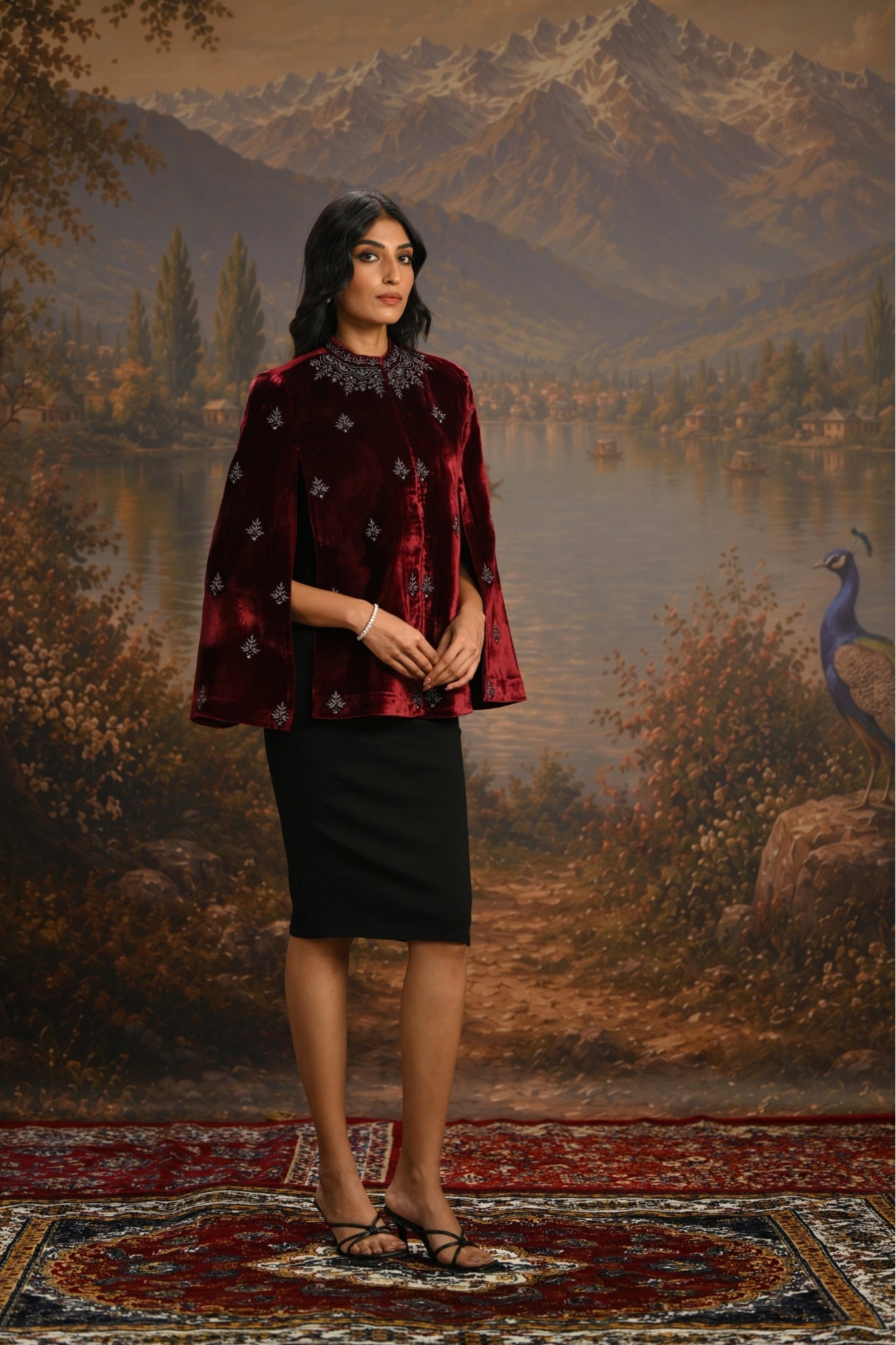 Wine Embroidered Jewelled Velvet Cape Taroob