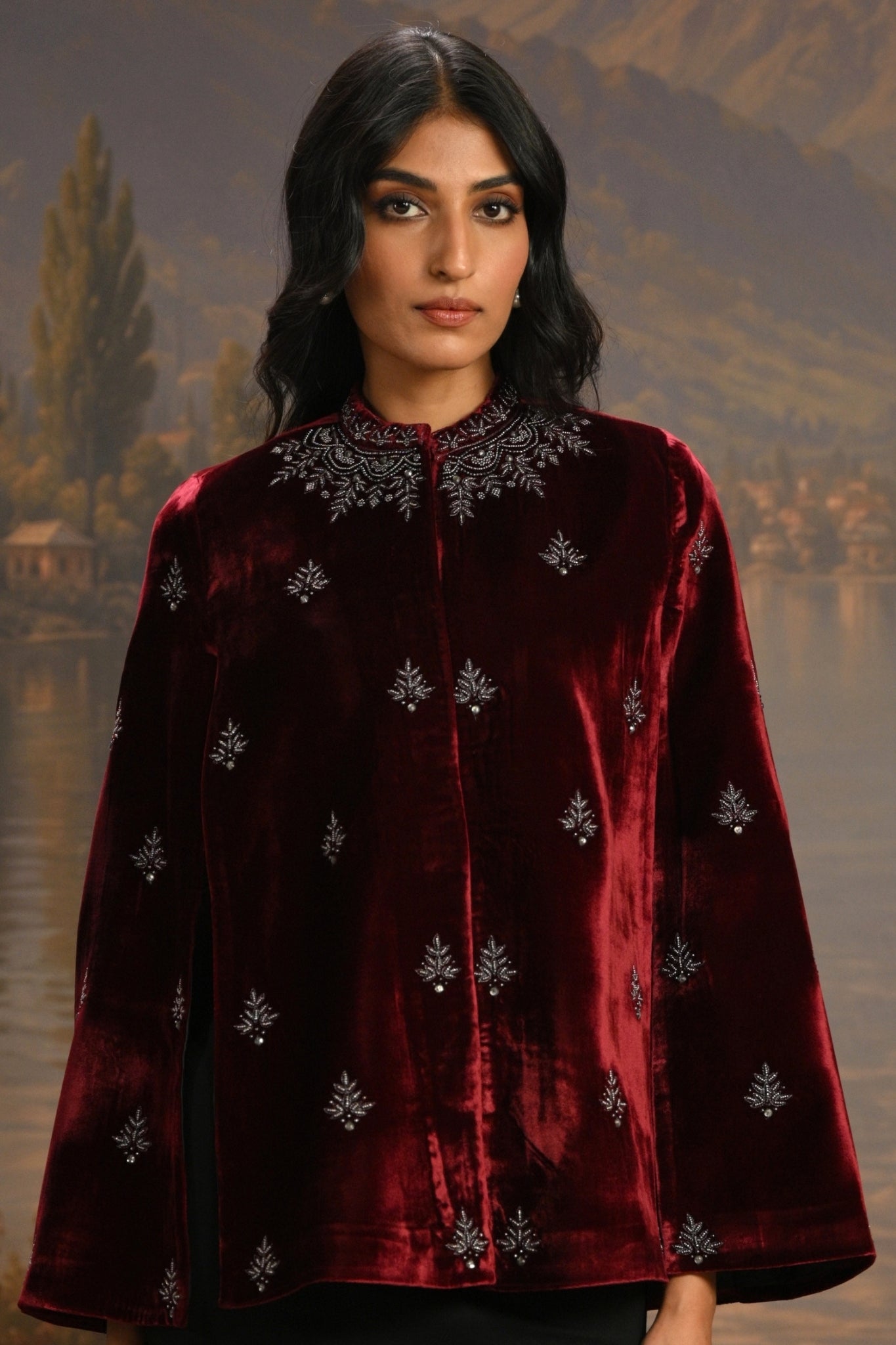 Wine Embroidered Jewelled Velvet Cape Taroob
