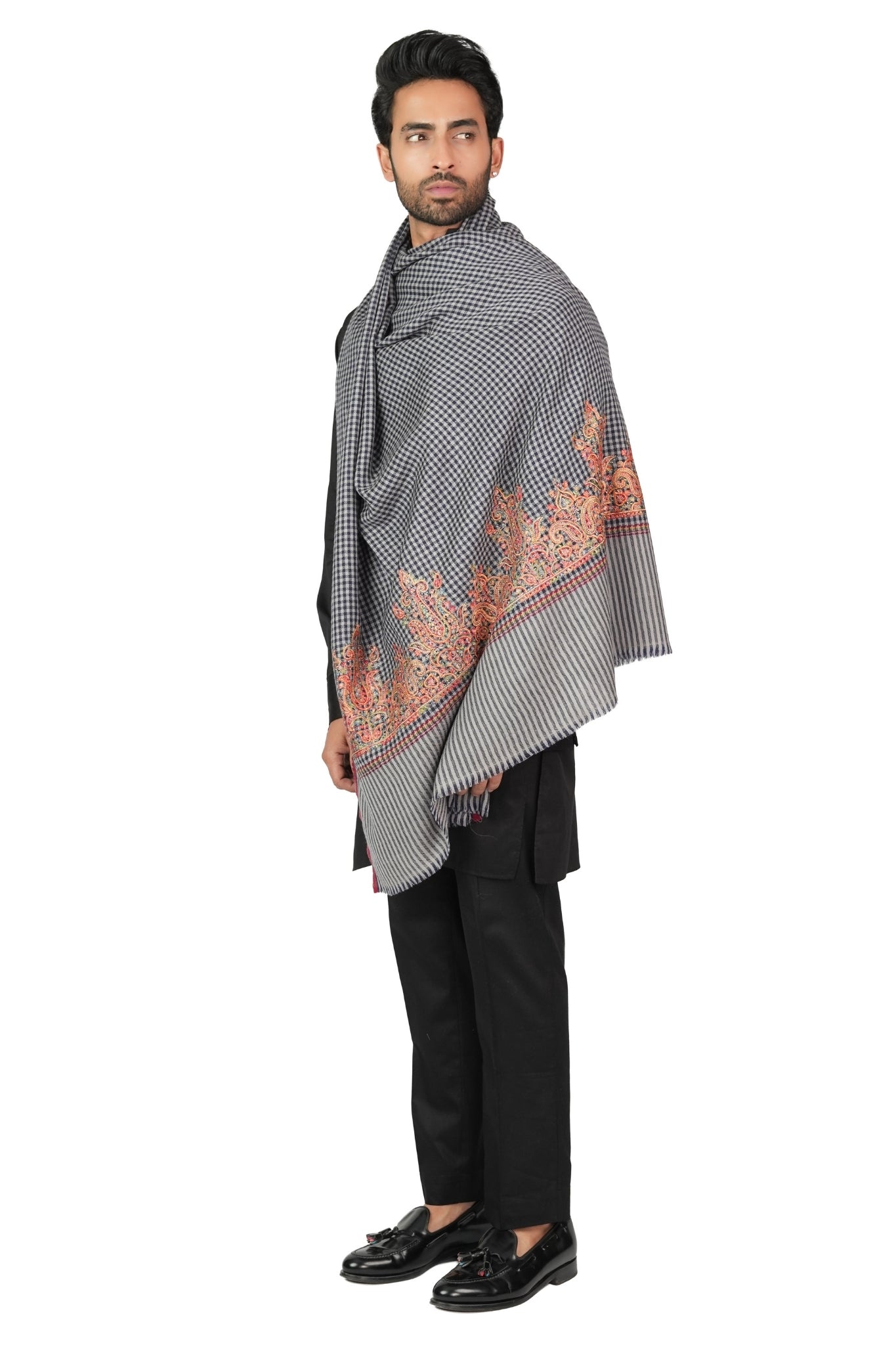 Taroob Embroidered Wool Checkered Shawl