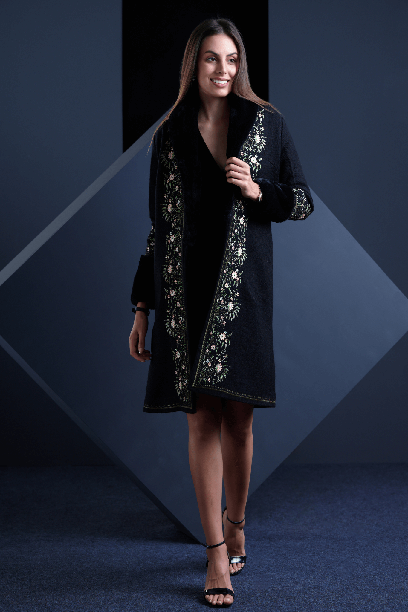 Embroidered Wool Fur Long Coat – Women's – View 8 | Taroob