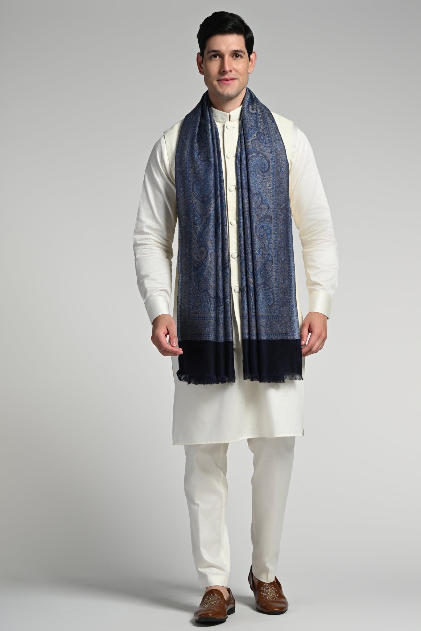 Taroob Tonal Denim Silk Jamawar Stole