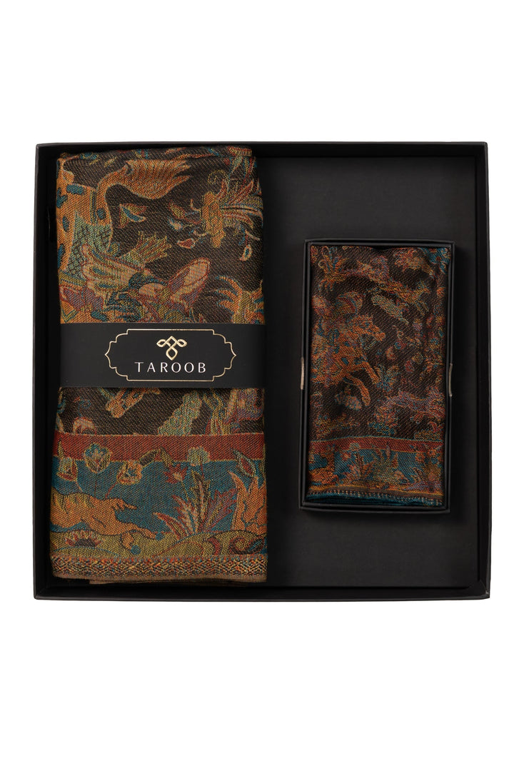 Taroob Gift Set of Shikargah Jamawar Stole & Pocket Square