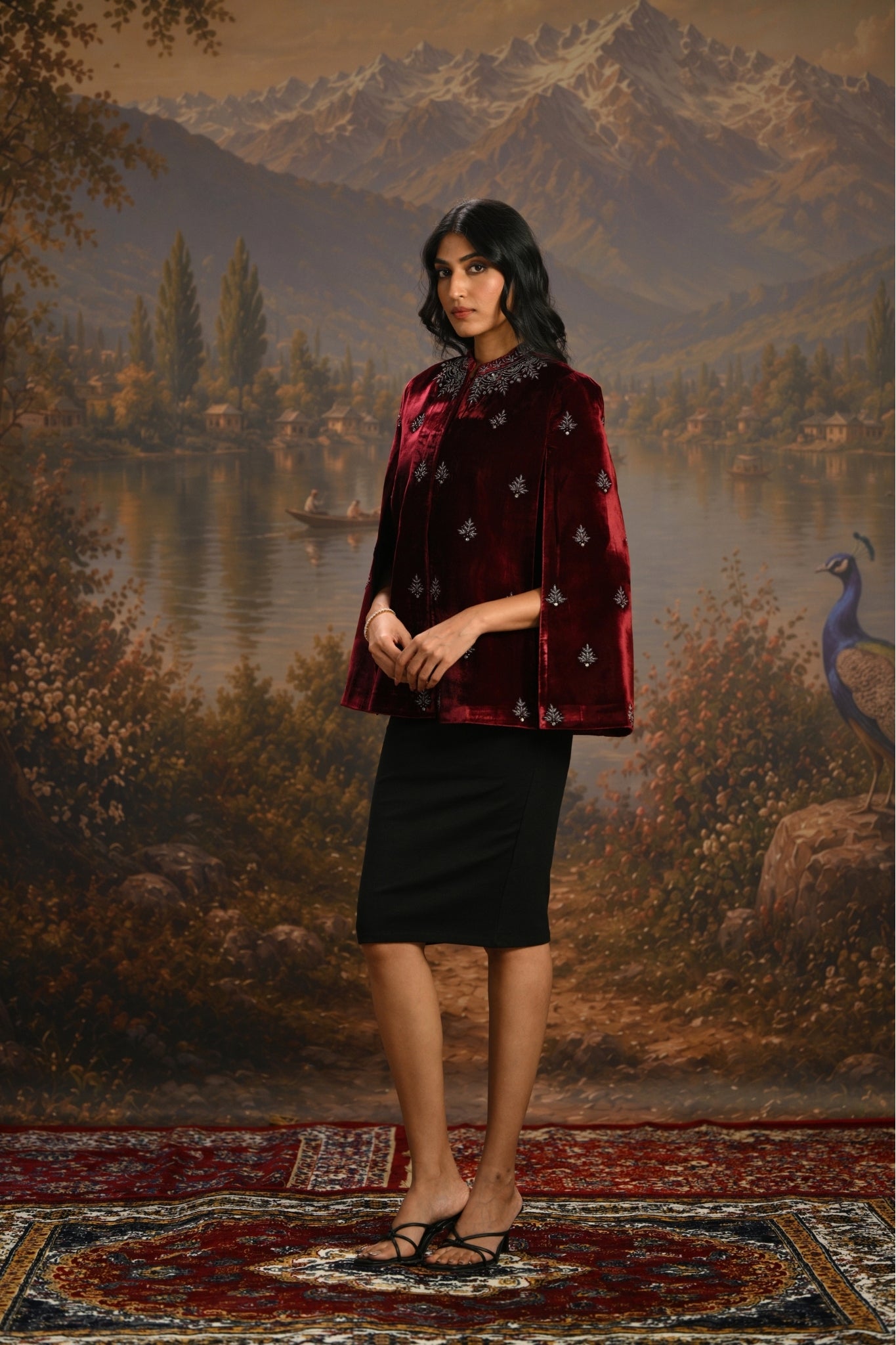 Wine Embroidered Jewelled Velvet Cape Taroob