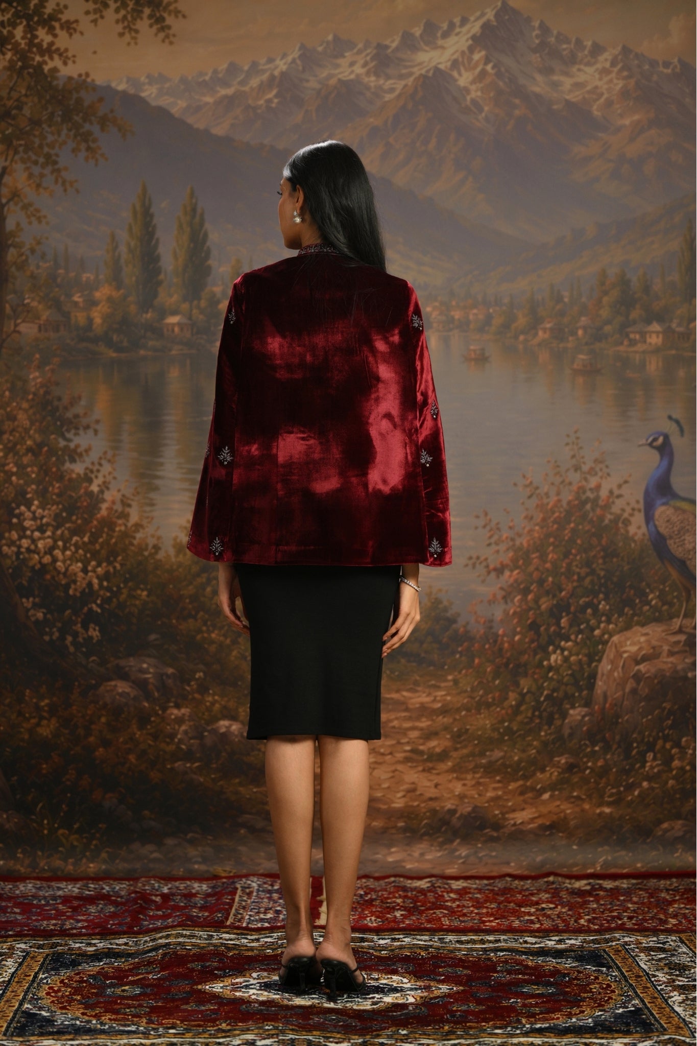 Wine Embroidered Jewelled Velvet Cape Taroob