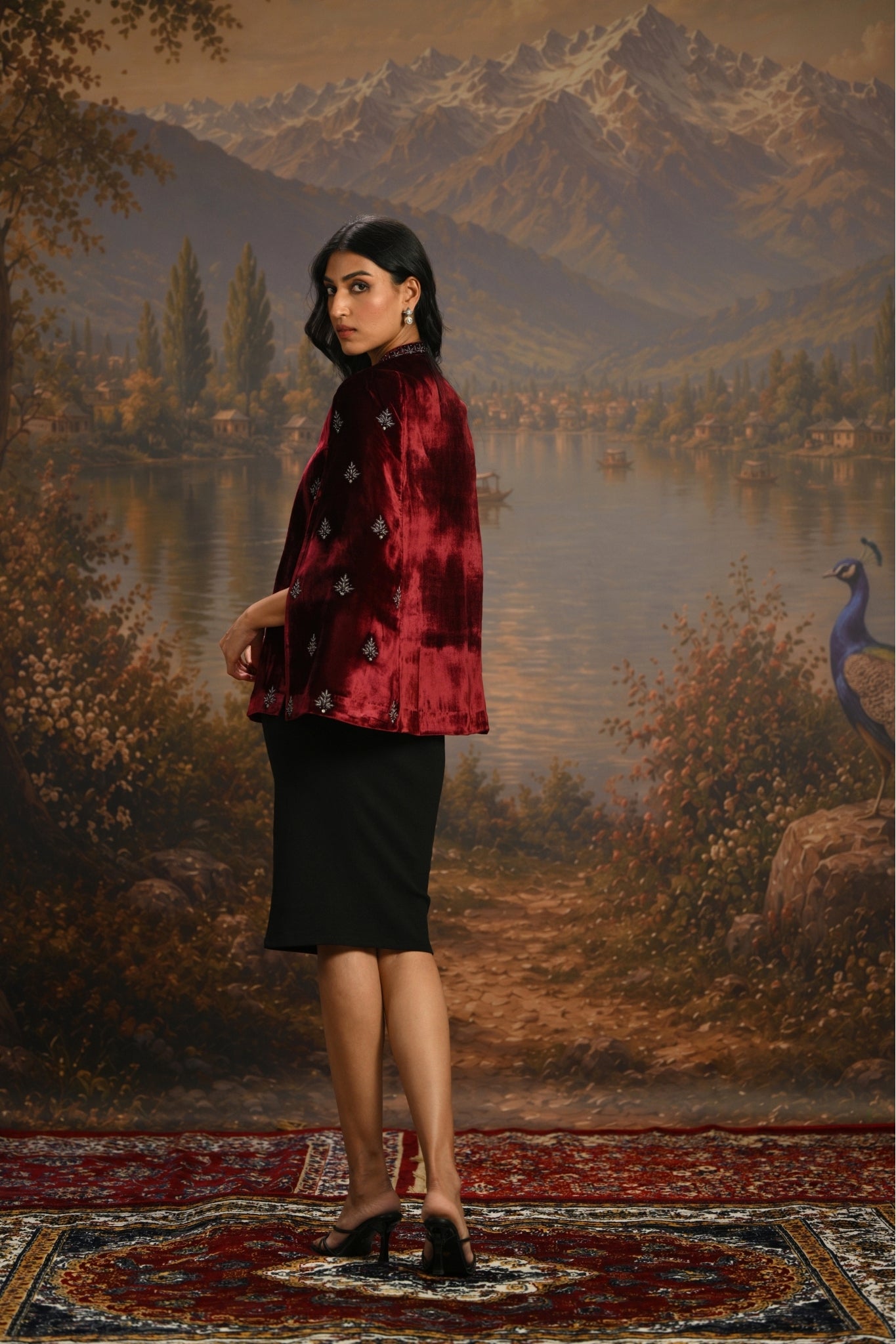 Wine Embroidered Jewelled Velvet Cape Taroob