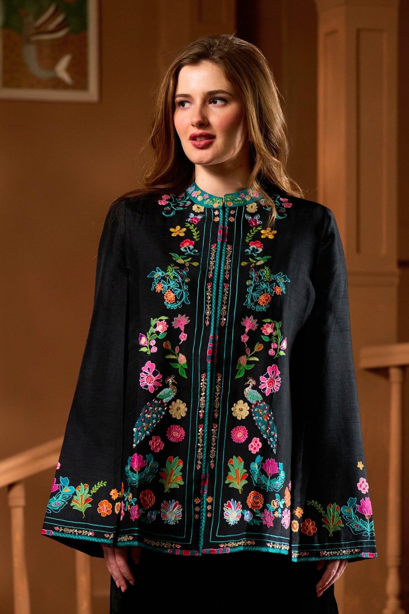 Dancing Feathers Kalamkari Cape – Women's Capes – Styling view | Taroob