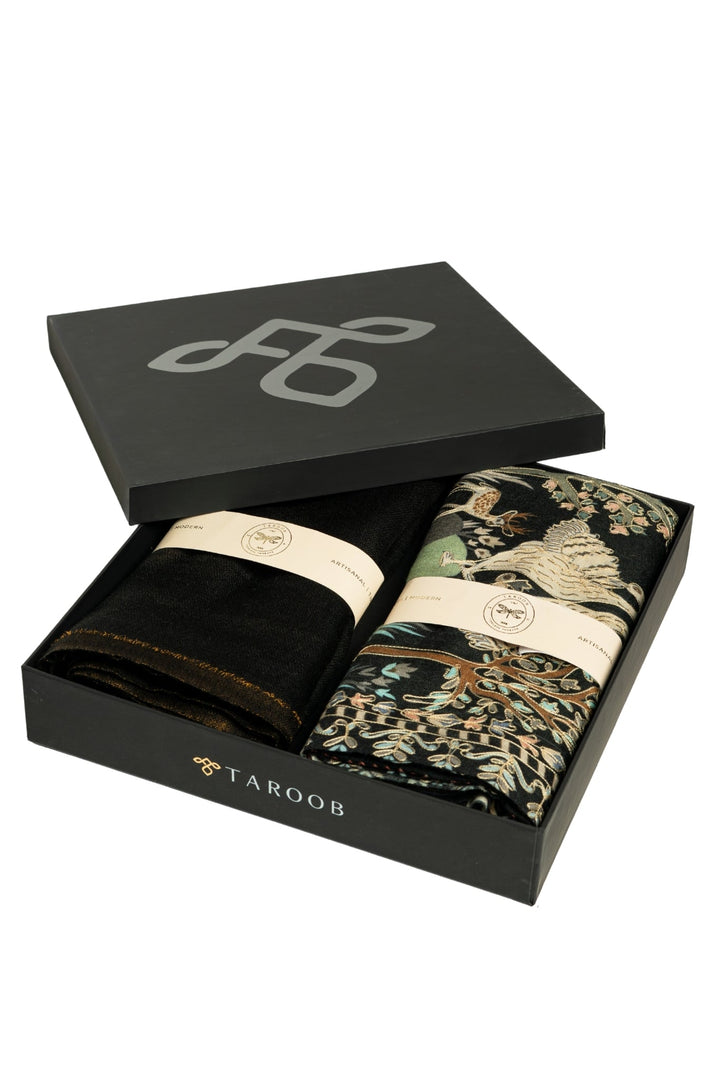 Taroob Couple Gift Set of Zari Stole for Him & Kalamkari Stole for Her