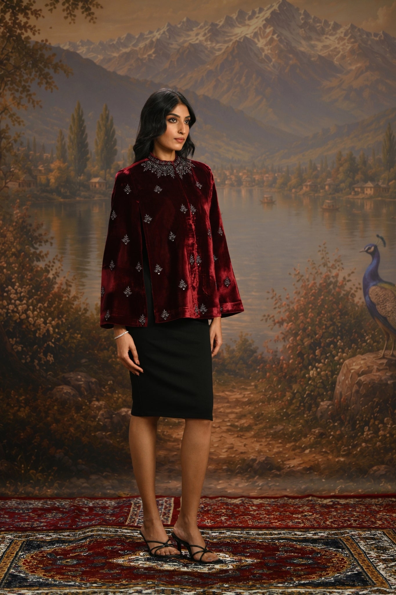 Wine Embroidered Jewelled Velvet Cape Taroob