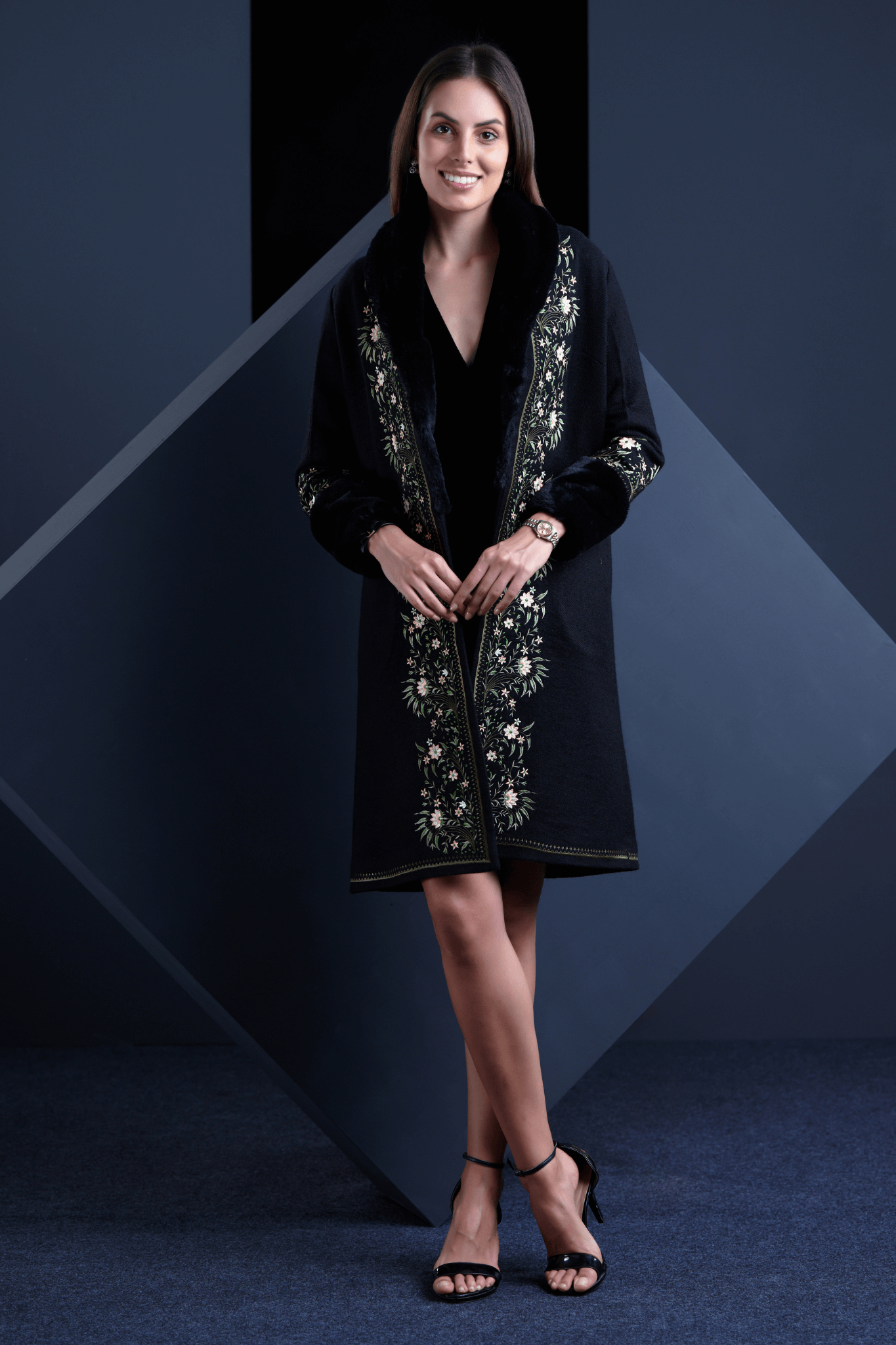 Embroidered Wool Fur Long Coat – Women's – Styling view | Taroob