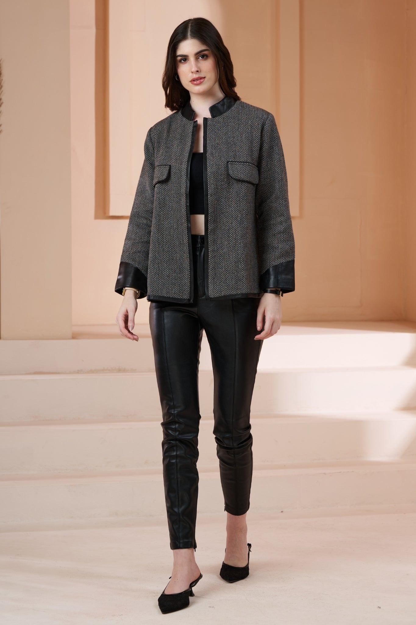 Taroob Herringbone Women Wool Short Jacket