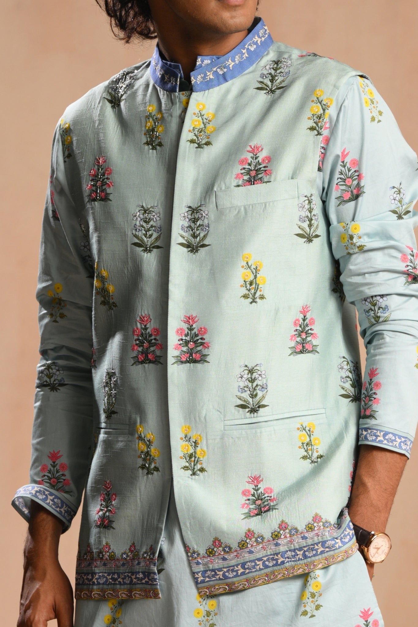 Men's Sky Blue Bagh-e-Noor Embroidered Nehru Jacket Taroob