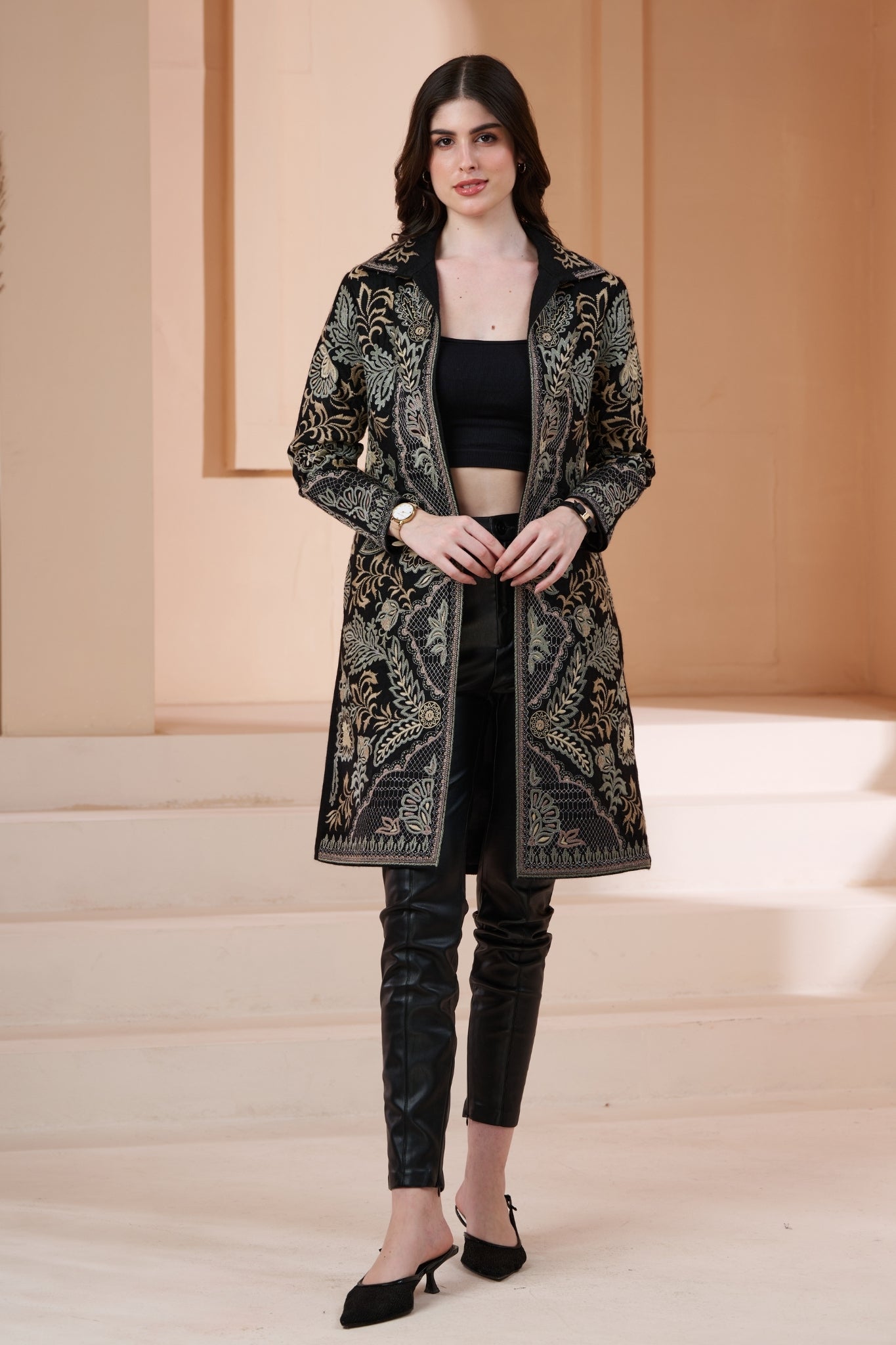 Embroidered Royal Wool Long Coat – Women's – View 6 | Taroob