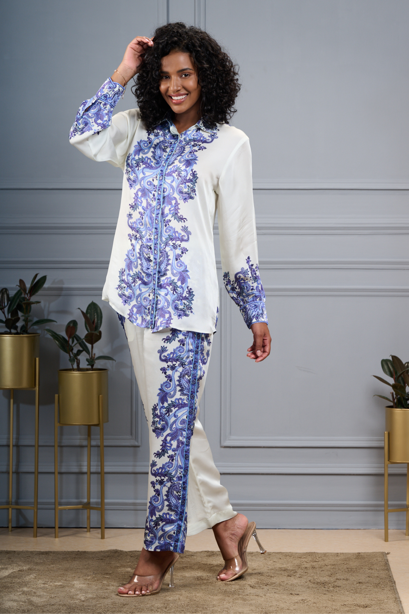 Silk Satin Floral Co-ord Set with Embroidered Highlights – Women's Coords & Shirts – Styling view | Taroob