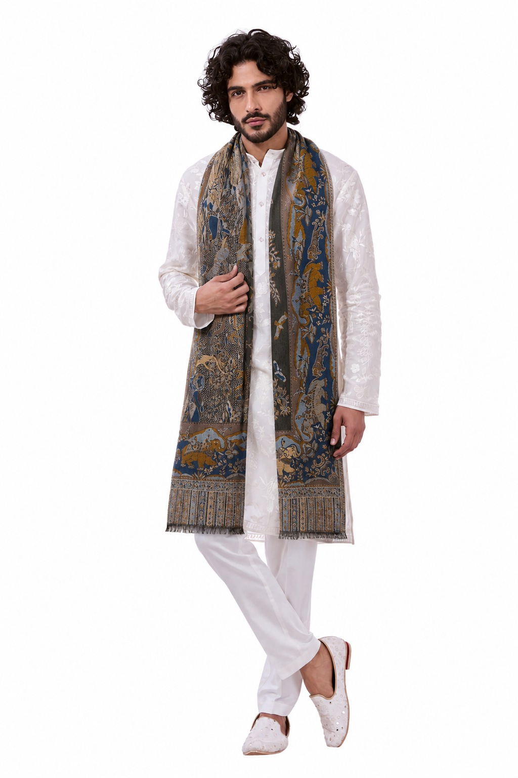 Navy Silk Shikargah Jamawar Stole - Unisex Gift Box - Taroob
