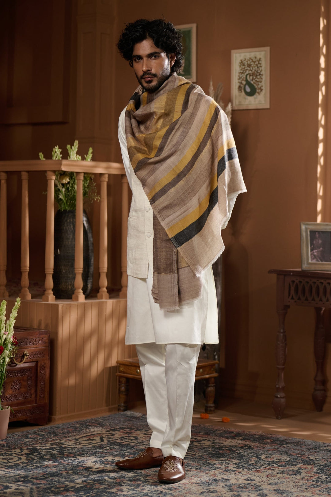 Taroob Gift Set of Unisex Bold Striper Wool Zari Stole for Him or Her