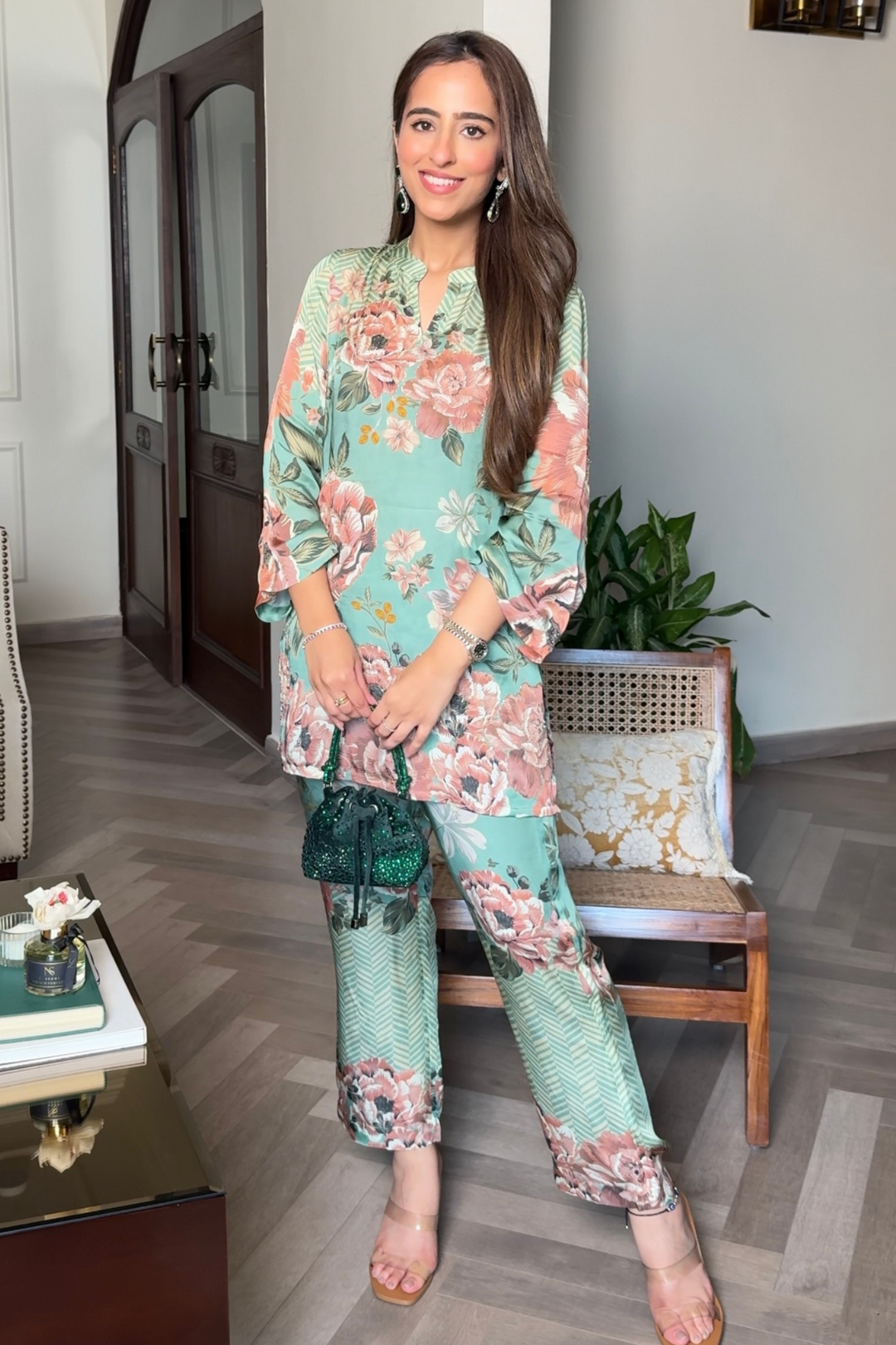Taroob Silk Satin Bold Floral Co-ord Set With Embroidered Highlights