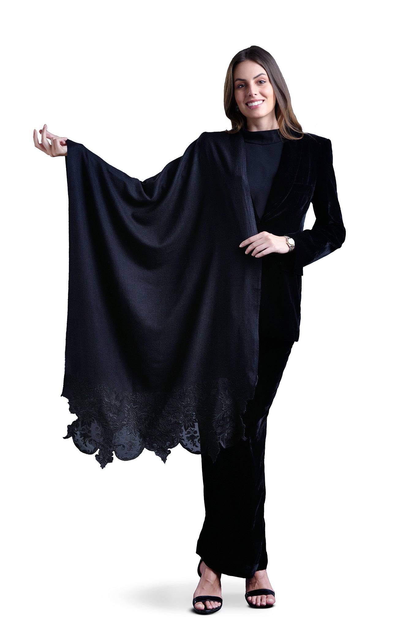 Taroob Embroidered Wool Lace Stole , Women's Scarf