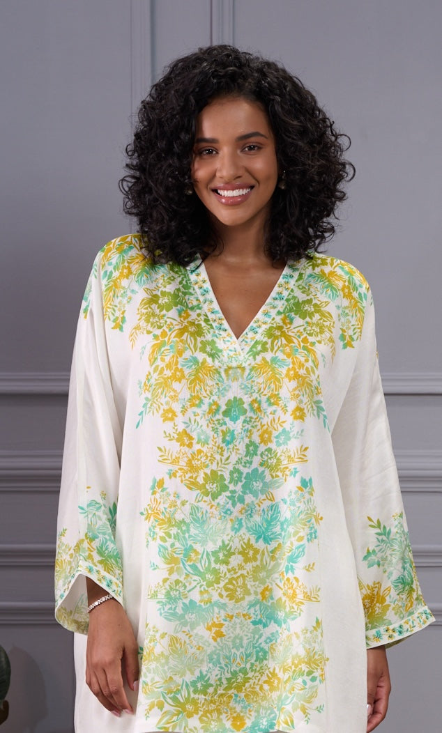 Silk Linen Floral Kaftan Co-ord Set with Embroidered Highlights – Women's Coords & Shirts – View 6 | Taroob