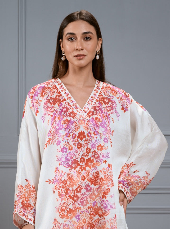 Silk Linen Floral Kaftan Co-ord Set with Embroidered Highlights – Women's Coords & Shirts – Image 5 | Taroob