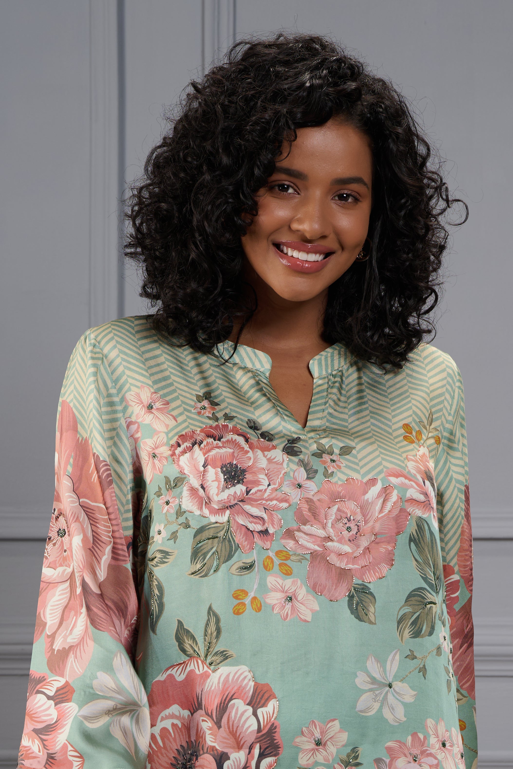 Taroob Silk Satin Bold Floral Co-ord Set With Embroidered Highlights