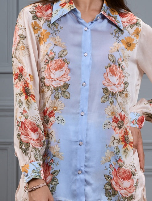 Taroob Silk Satin Floral Co-ord Set with Embroidered Highlights