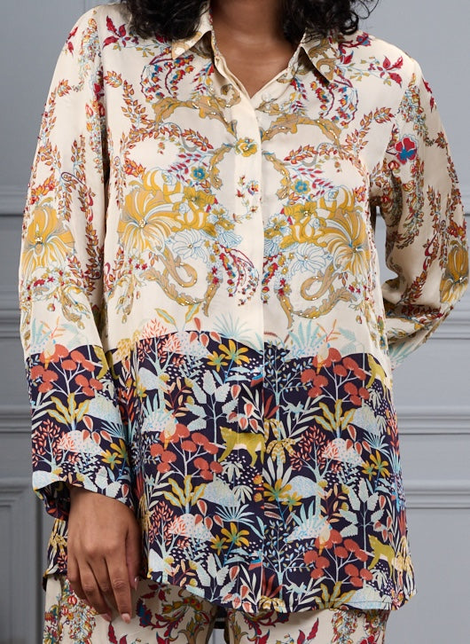 Taroob Silk Satin Safari Co-ord Set with Embroidered Highlights