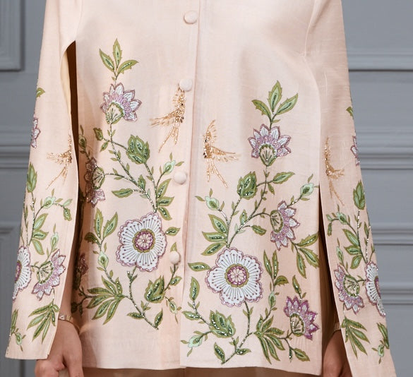 Taroob Embroidered Silk Linen Cape & Pants Co-ord Set