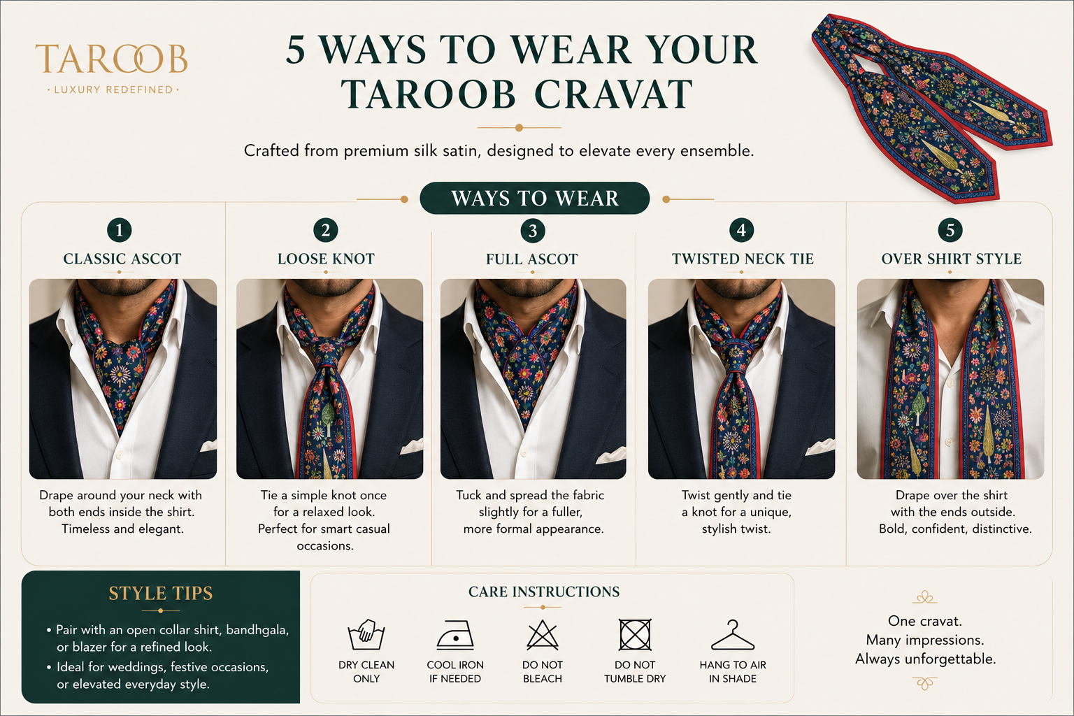 Taroob Premium Silk Satin Mughal Garden Cravat, Men’s Neck Tie