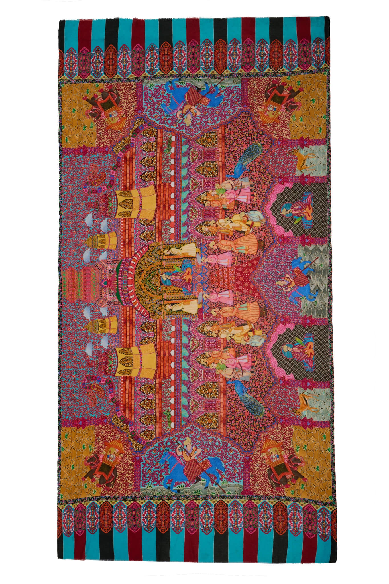 Multicolor Mughal Darbar Wool Silk Kalamkari Dusala, Men's Shawl – View 5 | Taroob