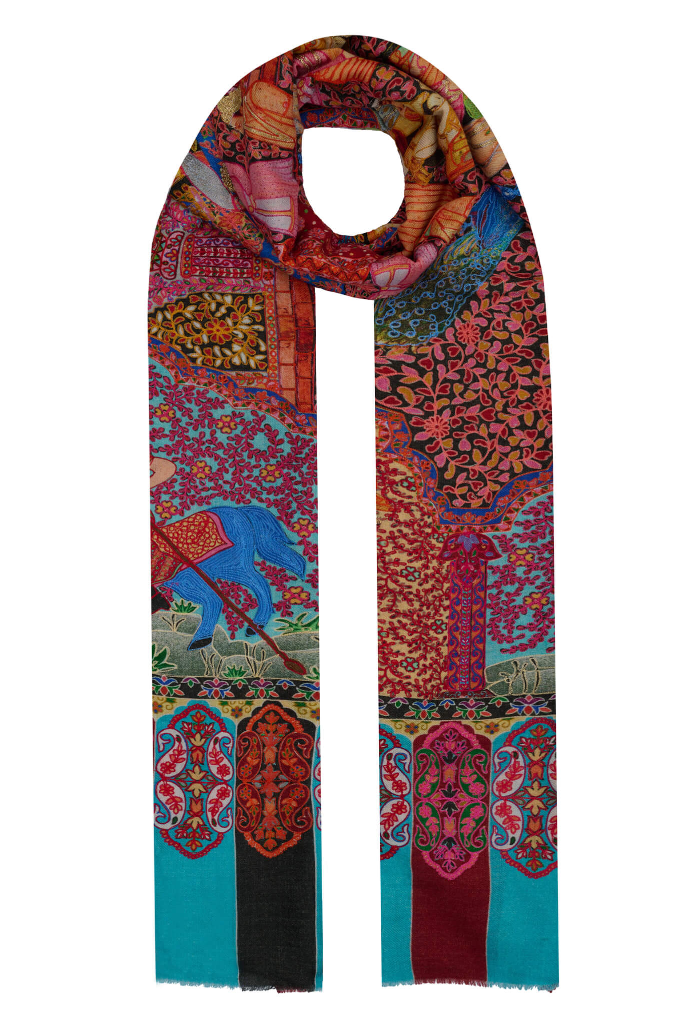 Multicolor Mughal Darbar Wool Silk Kalamkari Dusala, Men's Shawl – View 6 | Taroob