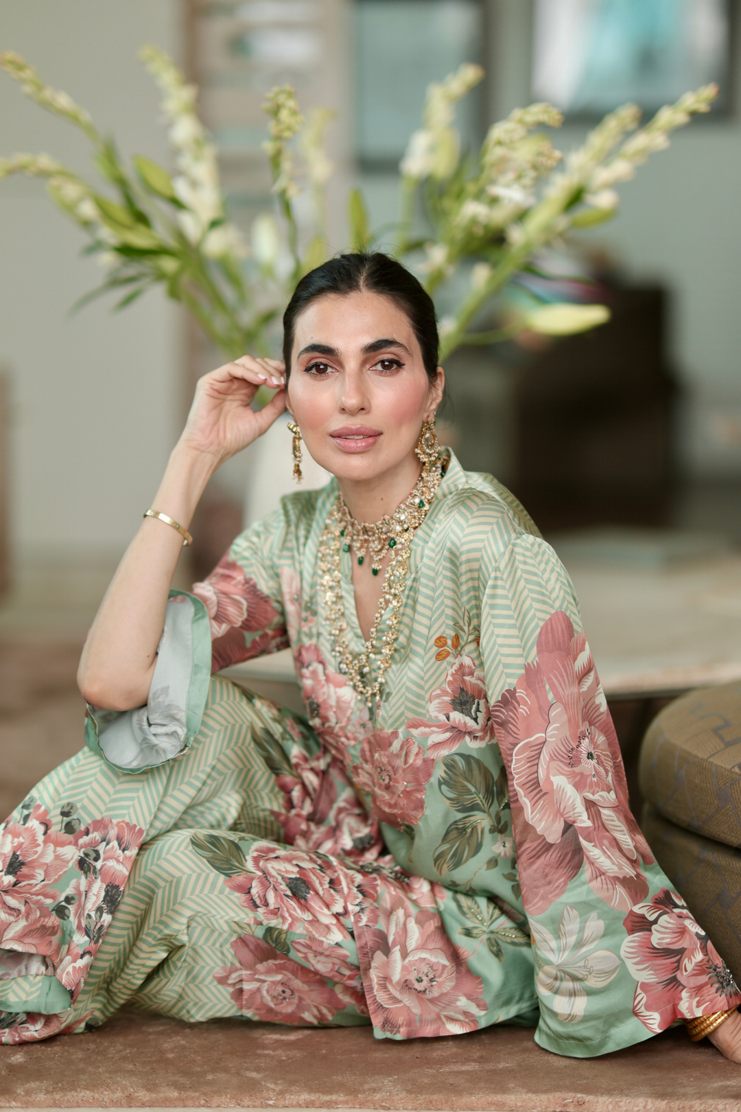 Taroob Silk Satin Bold Floral Co-ord Set With Embroidered Highlights