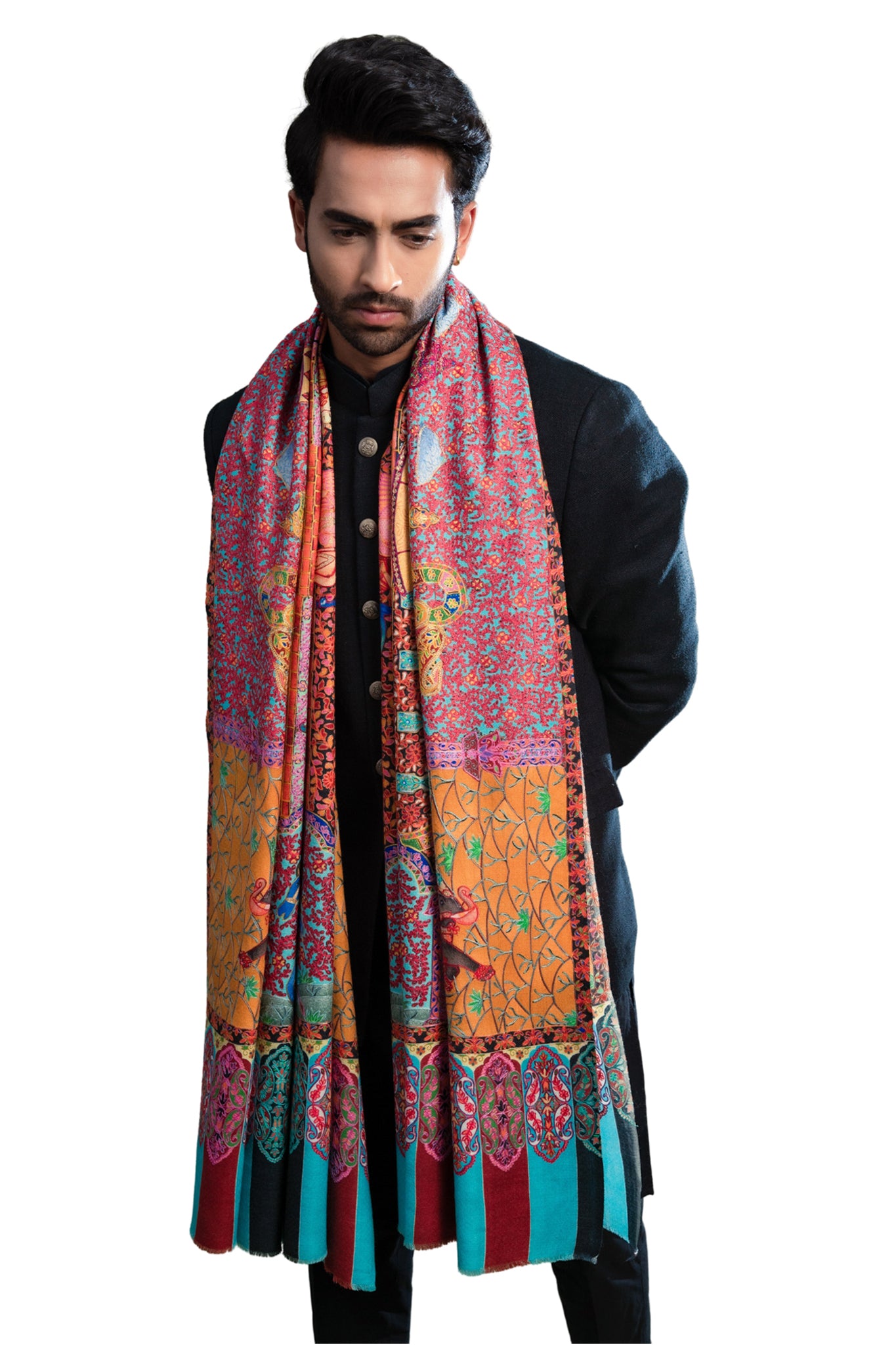 Multicolor Mughal Darbar Wool Silk Kalamkari Dusala, Men's Shawl – Alternate view | Taroob