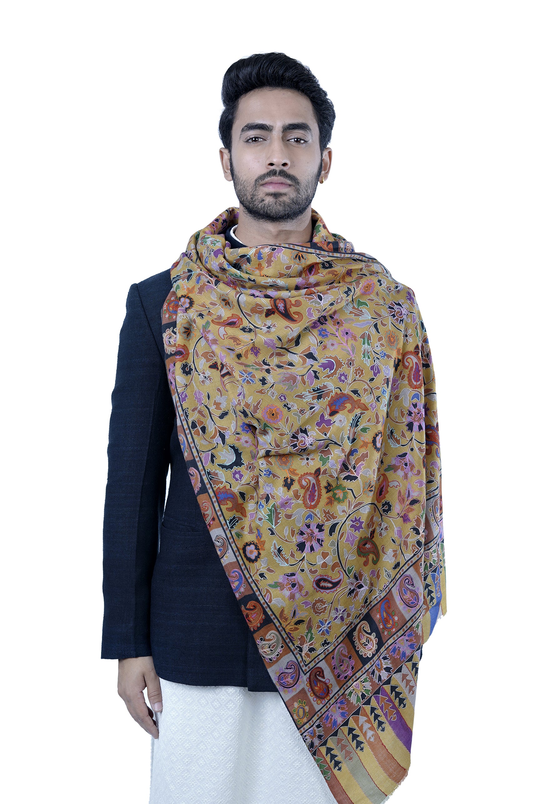 Taroob Men's Fine Wool Embroidered Kalamkari Stole