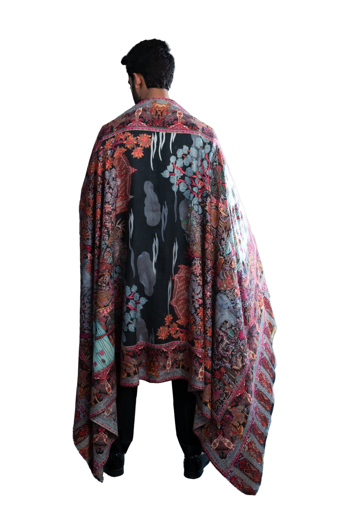Black Multicolor alamkari Men's Wool Silk Dusala, Men's Shawl – Kalamkari Dusala – Detail view | Taroob