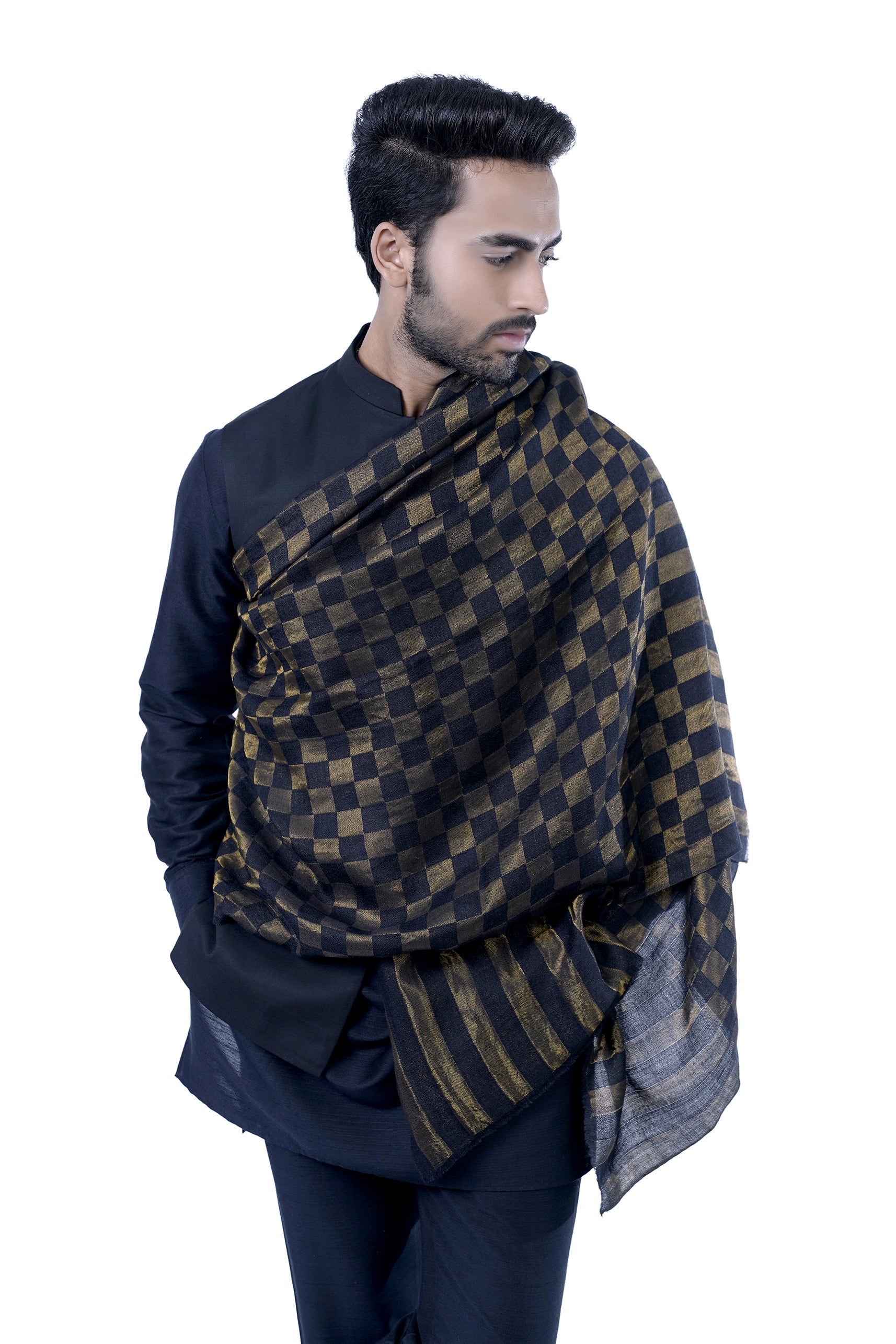 Black Men’s Moonlight Check Zari Scarf – Zari Stoles – Detail view | Taroob