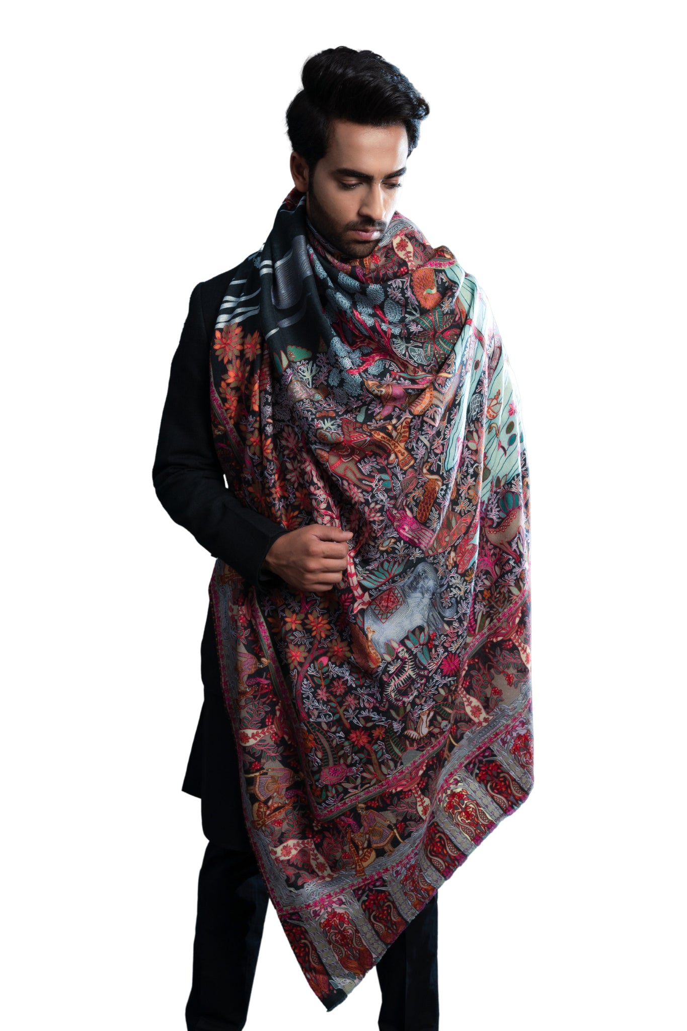 Black Multicolor alamkari Men's Wool Silk Dusala, Men's Shawl – Kalamkari Dusala – Alternate view | Taroob