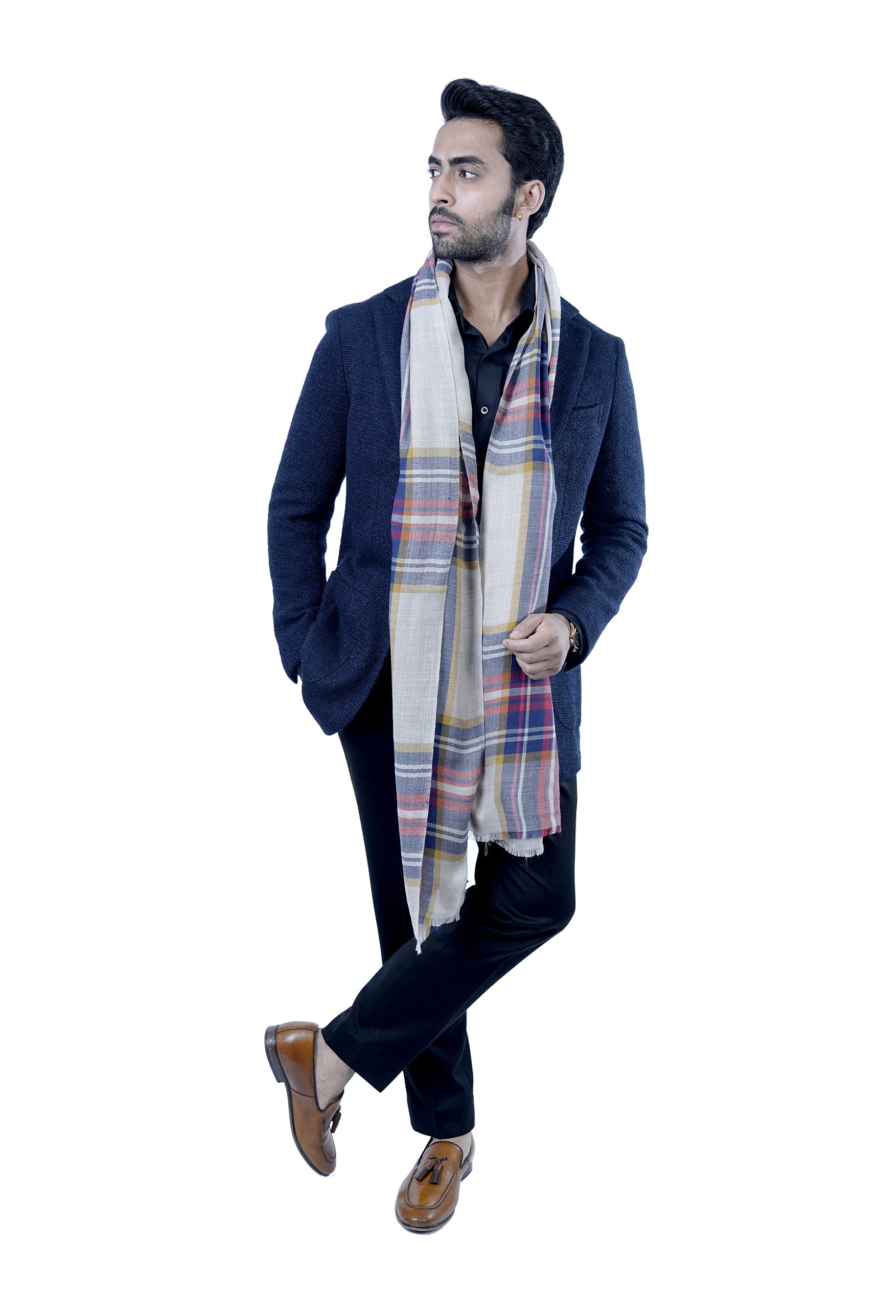 Taroob Men's Tonal Plaid Pattern Soft Wool Muffler