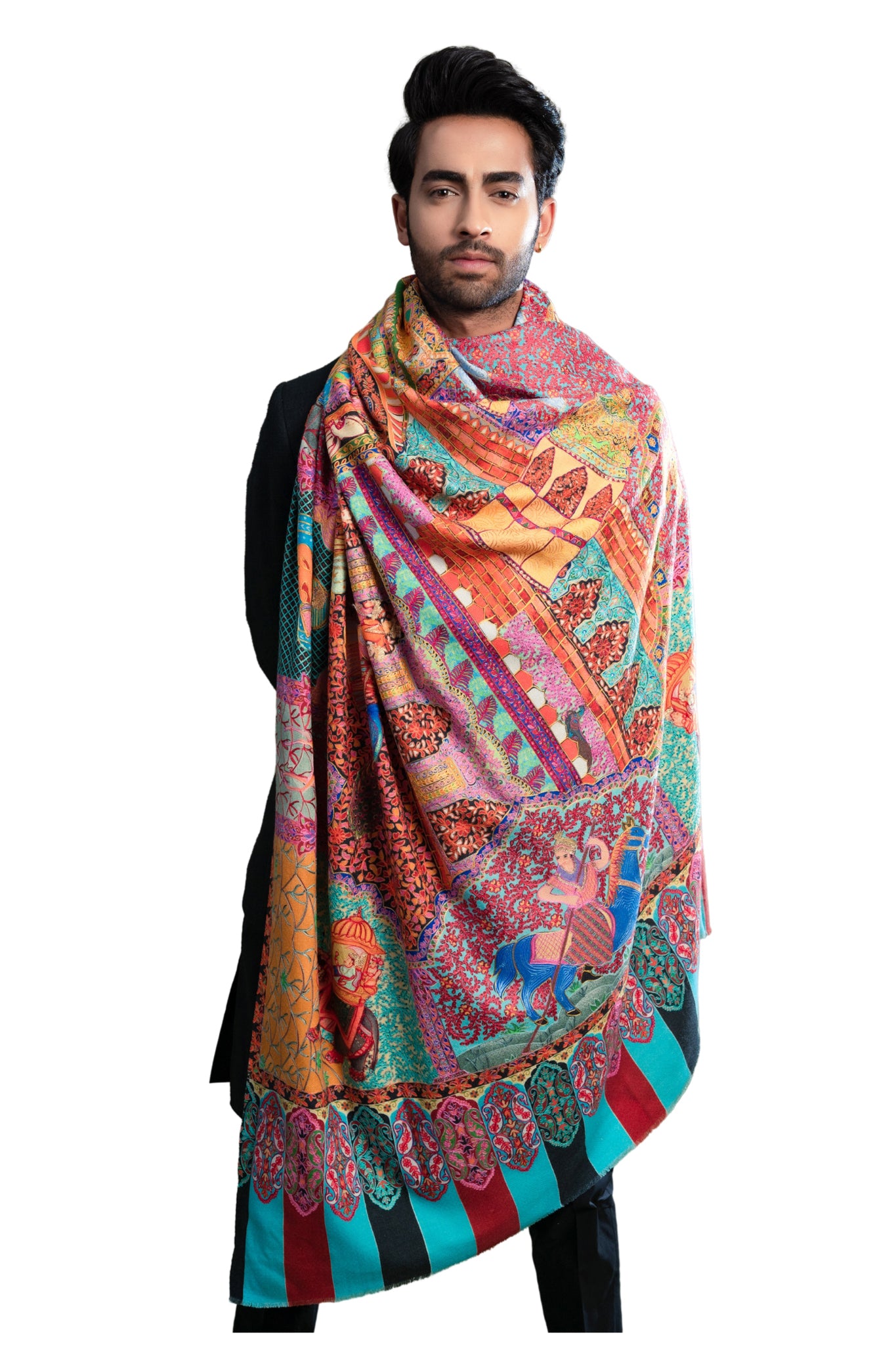Multicolor Mughal Darbar Wool Silk Kalamkari Dusala, Men's Shawl – Styling view | Taroob