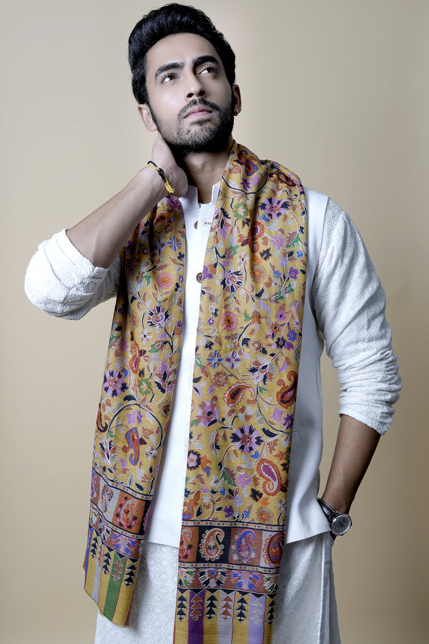 Taroob Men's Fine Wool Embroidered Kalamkari Stole
