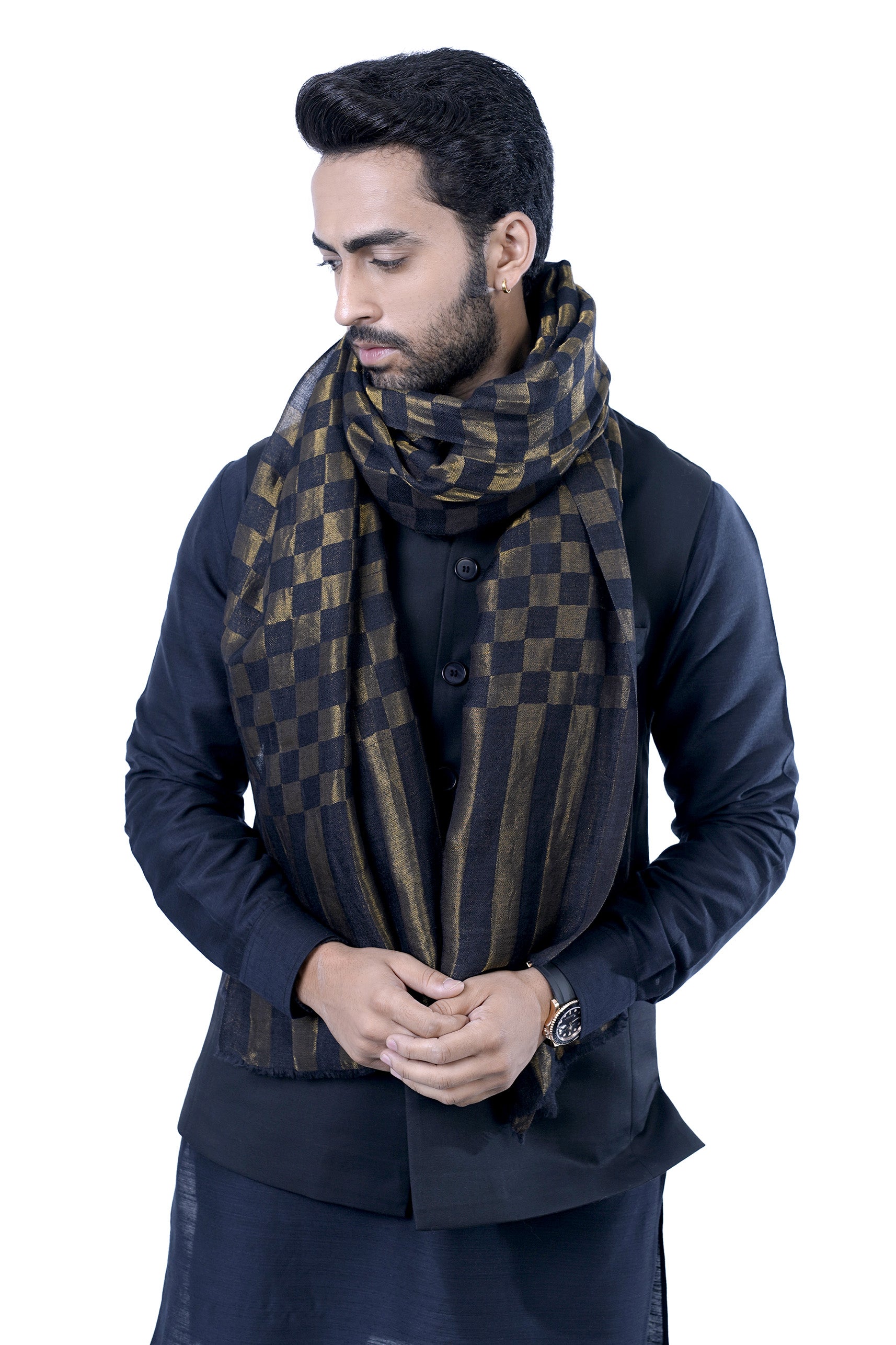 Black Men’s Moonlight Check Zari Scarf – Zari Stoles – Alternate view | Taroob