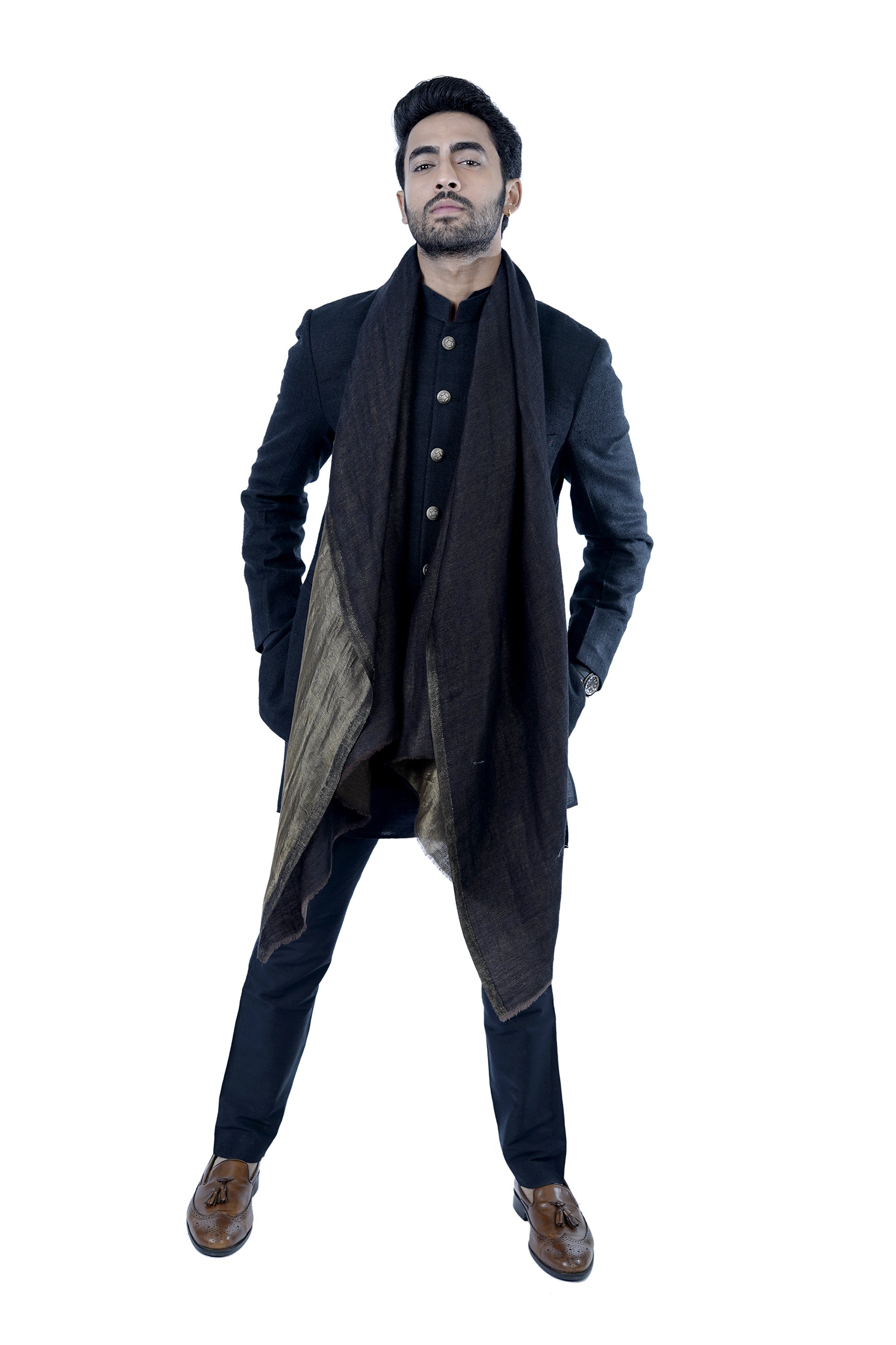 Taroob Men's Solid Reversible Wool Zari Stole