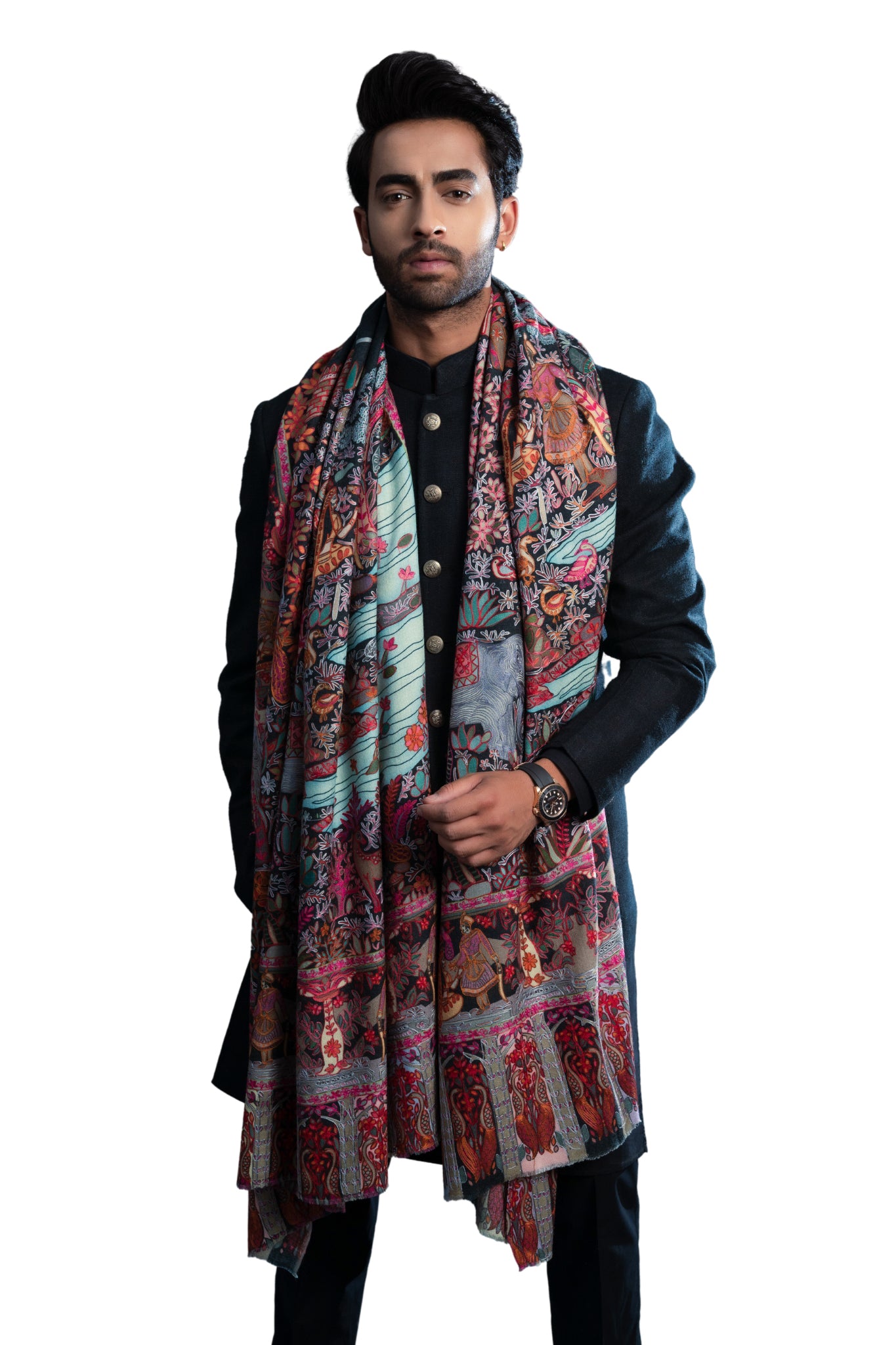 Black Multicolor alamkari Men's Wool Silk Dusala, Men's Shawl – Kalamkari Dusala – Styling view | Taroob