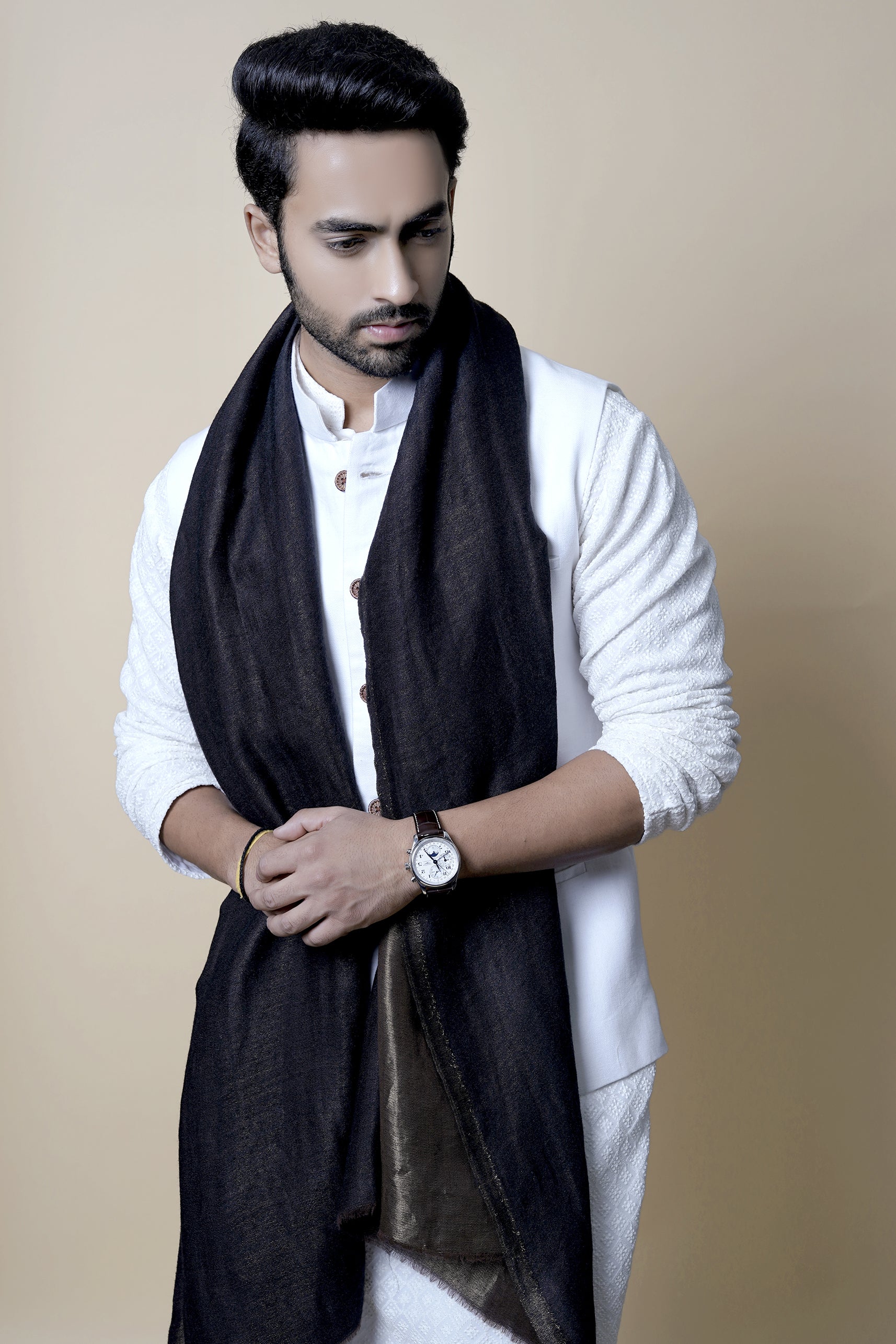 Taroob Men's Solid Reversible Wool Zari Stole